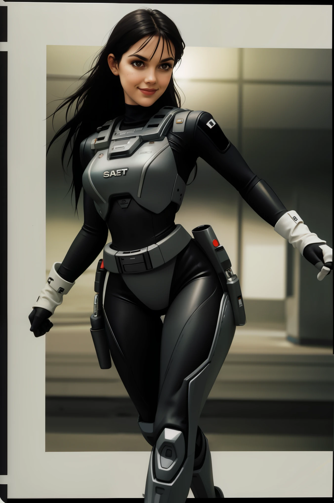 Surreal female SWAT，An affectionate smile，Close-up of melon seeds' face，Long black hair fills the light，Highlight face detail，Meadow river at night，Fighting posture（high light），Full body photo（Real Human）Natural realism，Black police uniform，Fill your face light，Villas，fresh flowers，A high resolution。