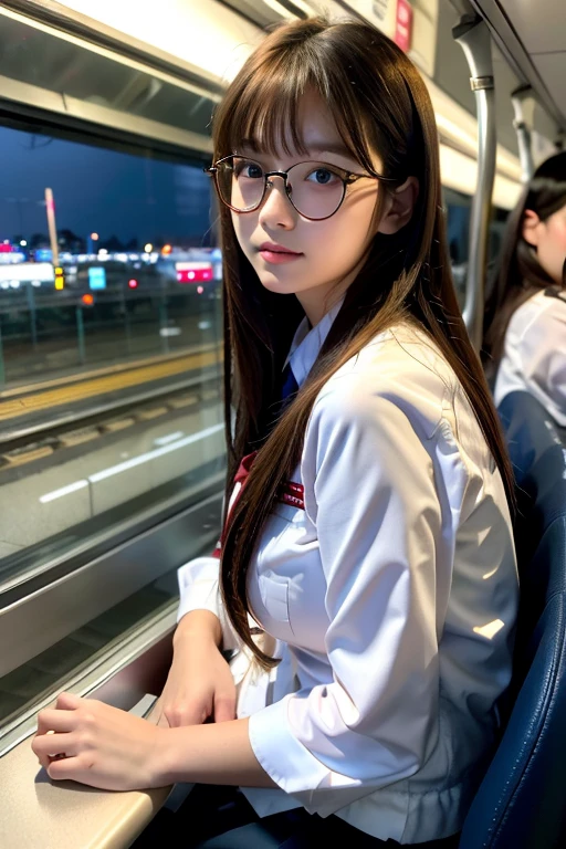 ((highest quality)), ((masterpiece)), (detailed), Perfect Face　Long Hair　bangs　White Uniform　16 years old　Commuting by train　profile　Looking out the window　Glasses　Tokyo night view



