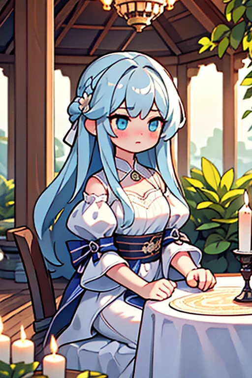 masterpiece, best quality,Super detailed,Ultra Detail, cinematic Light,, 1 Girl, Solitary, sit, outdoor, pavilion, sitting in the pavilion, plant, table, chandelier, Candle, Wind, Silver eyes, Long light cyan hair,Flowing hair, Light, Light frown, contour,Looking at the audience, Dynamic_angle