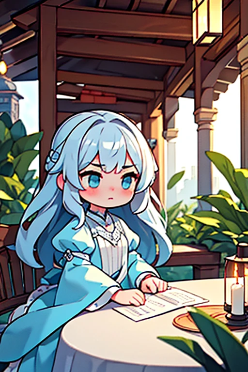 masterpiece, best quality,Super detailed,Ultra Detail, cinematic Light,, 1 Girl, Solitary, sit, outdoor, pavilion, sitting in the pavilion, plant, table, chandelier, Candle, Wind, Silver eyes, Long light cyan hair,Flowing hair, Light, Light frown, contour,Looking at the audience, Dynamic_angle