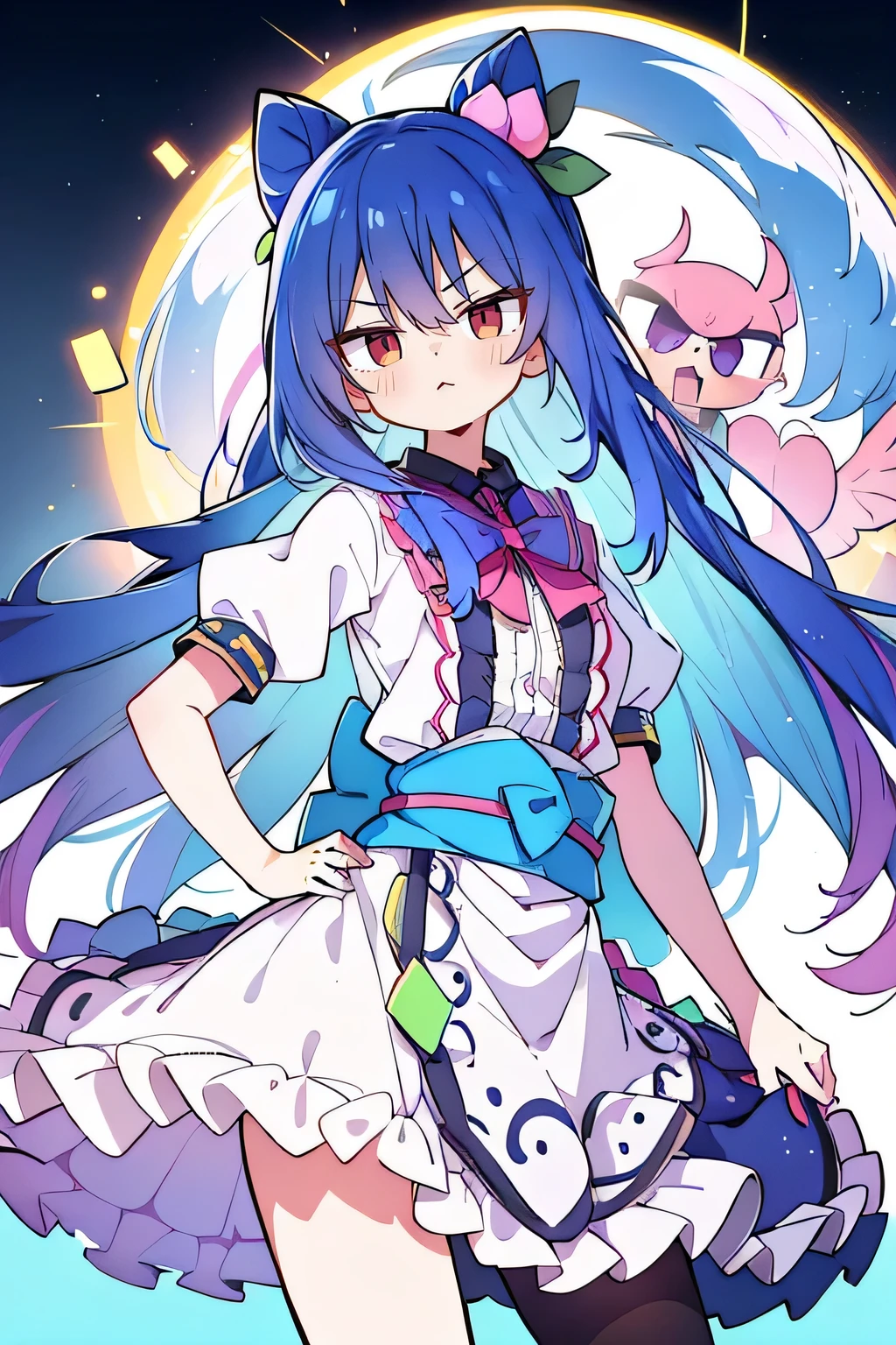 (masterpiece),best quality, expressive eyes, perfect face, 1girl,
Put your hands on your waist,fair, Gorgeous,Japanese cartoons,girl,lola,Hina Angel, blue hair, blue haired, floating clothes,Grab your waist, Grab your waist, hands on hips , hands on hips,sit, sit on ground, Legs on the ground, flat chest,starry sky,Pink eyes,
