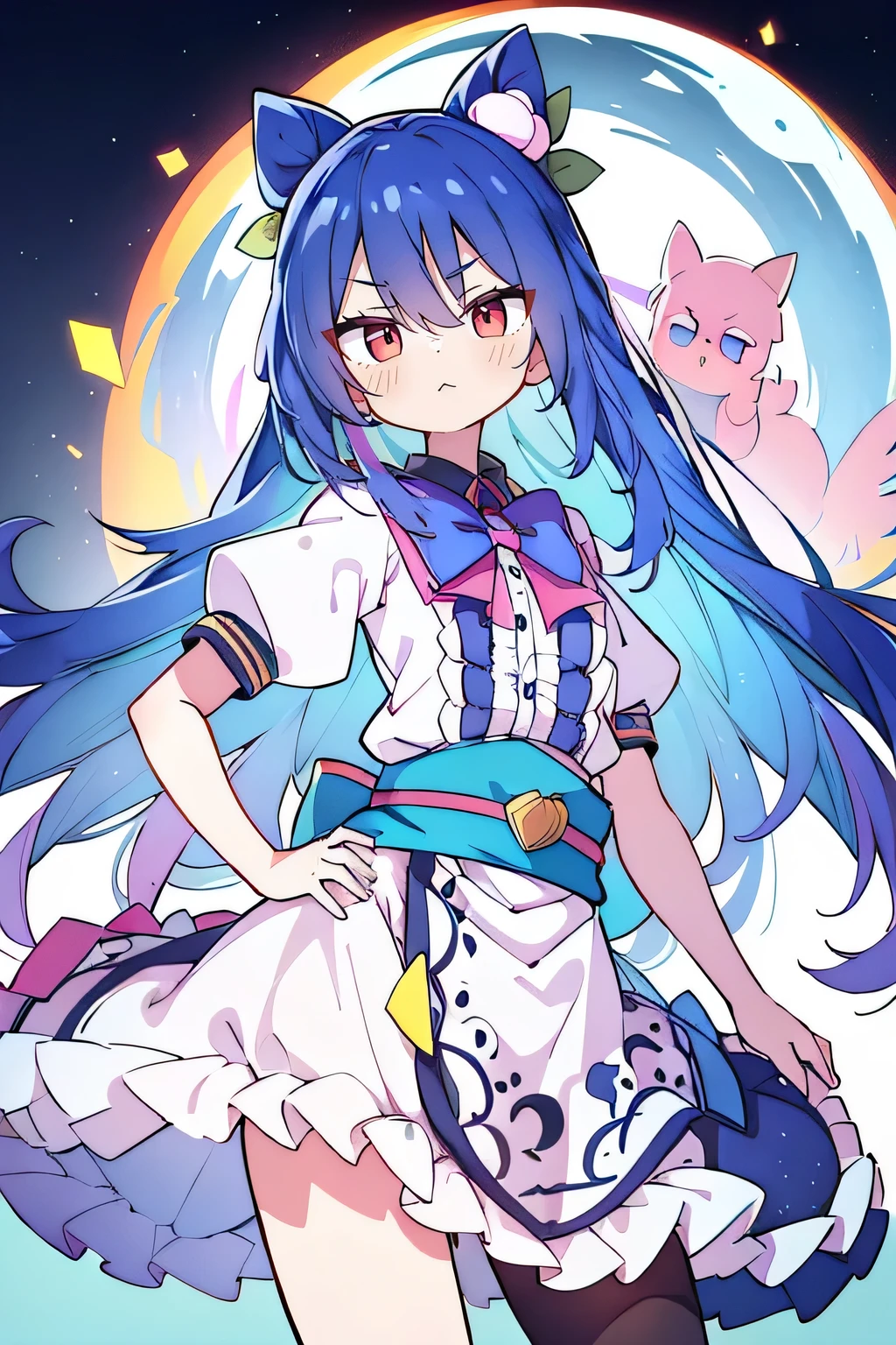 (masterpiece),best quality, expressive eyes, perfect face, 1girl,
Put your hands on your waist,fair, Gorgeous,Japanese cartoons,girl,lola,Hina Angel, blue hair, blue haired, floating clothes,Grab your waist, Grab your waist, hands on hips , hands on hips,sit, sit on ground, Legs on the ground, flat chest,starry sky,Pink eyes,