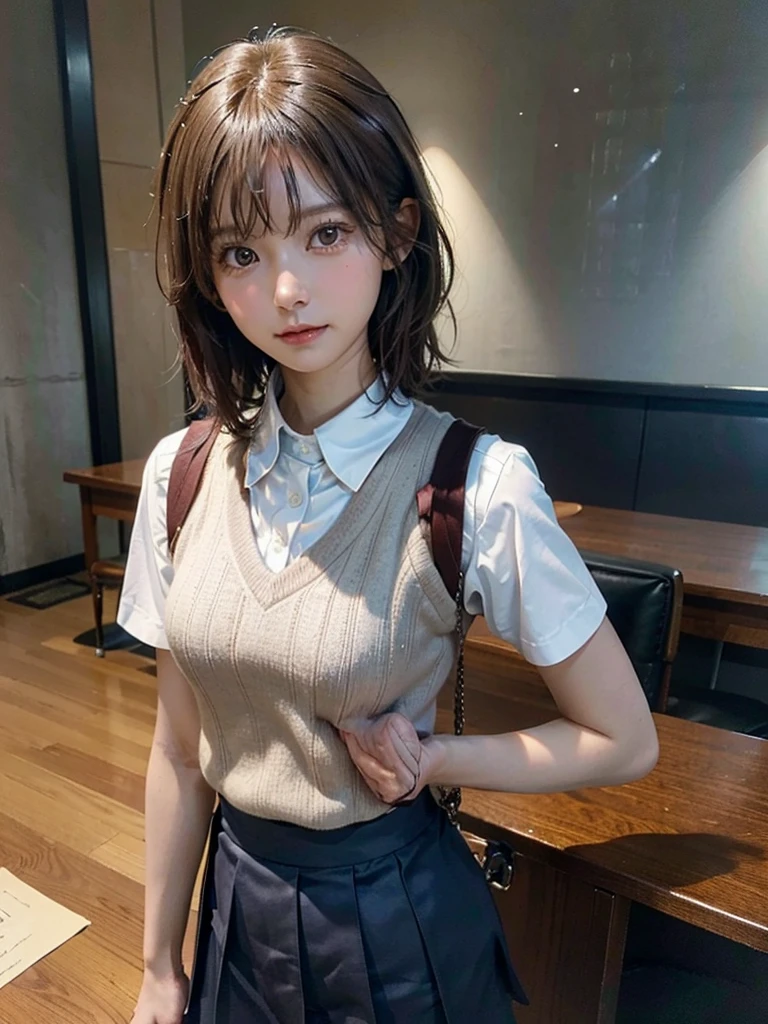 Masterpiece, Top Quality, Top Mikoto, brown eyes, short hair, small breasts, looking at viewer, alone, closed mouth, collared shirt, beige knit vest, dark blue Skirt, school_uniform, shirt, white_shirt, classroom,Masterpiece, highest quality, 8K, detailed skin texture, fine cloth texture, beautiful detailed face, intricate details, super detailed,cute,cute posing,composition that shows the whole body,