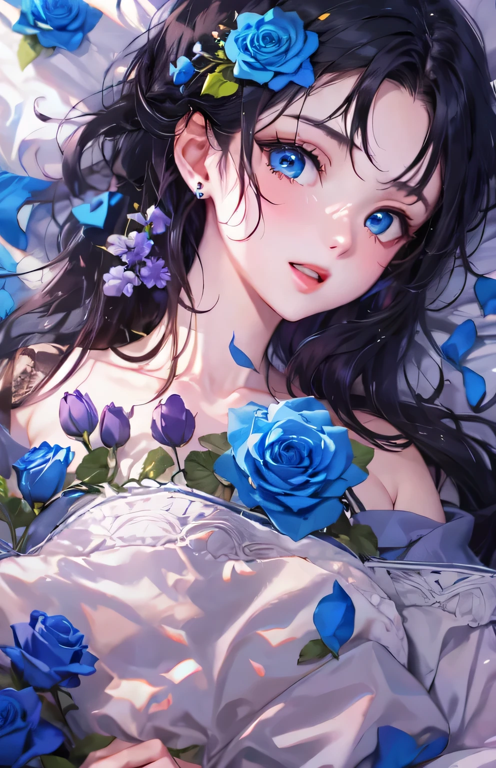 ((highest quality)), ((masterpiece)), (Get used to it), Perfect Face , beautiful girl , Beautiful long black hair , Beautiful Blue Eyes , In underwear , Blue roses scattered , Lying in bed ,