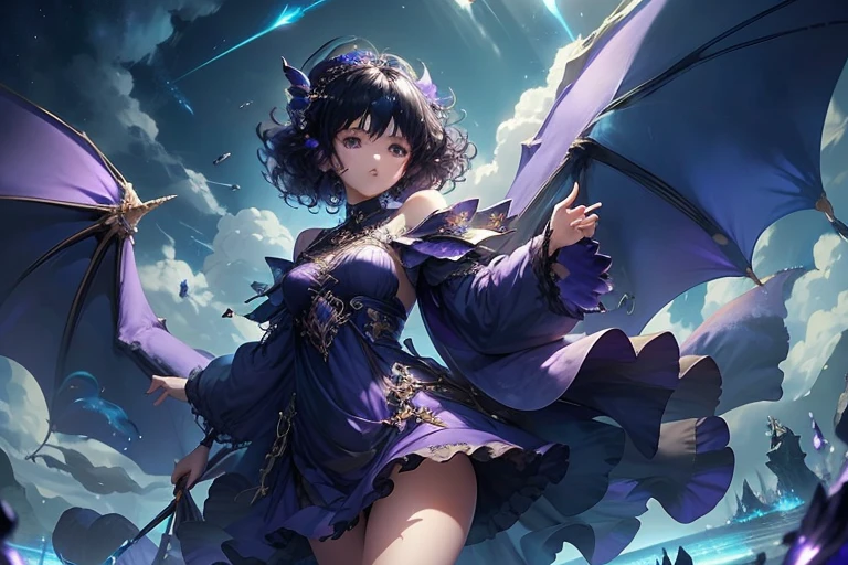 Fantasy,Girl,teenager,Floating in the sky,Hover,Put your right hand forward:1.8,Purple clothes,short hair,Curly hair,Black Hair,Spiky Tiara,A giant dragon behind the girl,Dragon Breath,Full body view,blue sky,sky,cloud,Look to the left