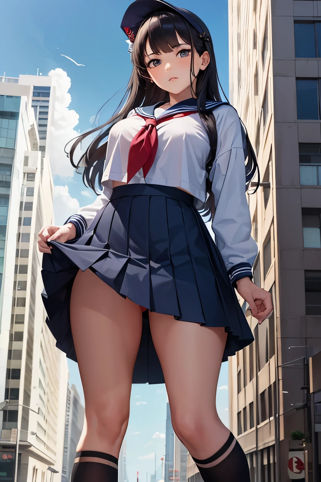 A high school girl bigger than a building crushes a building, wearing a Japanese sailor suit, with a navy pleated skirt, from the perspective of a citizen, looking up from below, glaring at the citizens beneath her feet, a masterpiece, high definition, special effects,