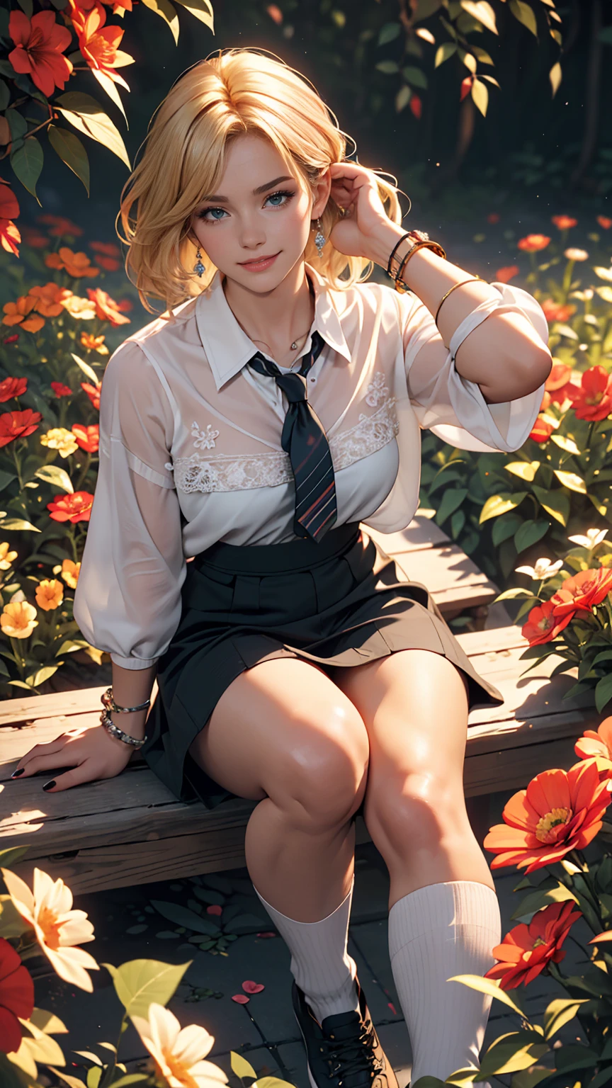 no, ภาพถ่าย RAW 8k, best quality, Masterpiece, Ultra high resolution, เนื้อfilm, film, 1 girl, look at viewer, เนื้อผิวisธรรมชาติ, Realistic eye and facial details, full lips, lipstick, (put on makeup), red eyeshadow, short fluffy hair, messy hair, smile, gag, beautiful leg, tall woman, thin, thin_leg, alone, enormous breast, rift, Pose with your butt facing you., ultra short skirt, is, shirt, Beautiful natural places, Around the flower location, (Detailed background), plaid skirt, white shirt, enormous breast, rift, Show a little rift through the shirt, รองเท้าnoมีส้น, Blurry background, Blurry, Holding, plaid, short sleeve, JK Ribbon on the neck, JK Ribbon, ผมสีwaterตาล, bracelet, water, smooth, , decorations, parted lips, lips, from the side, pleated skirt, depth of field