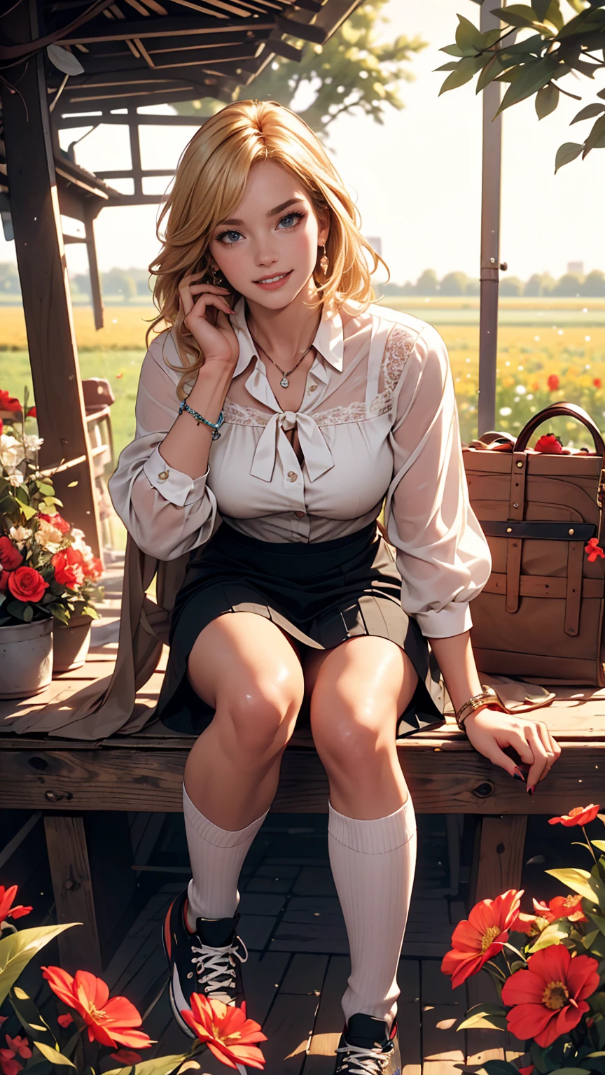 ((最high quality, 8K, masterpiece: 1.3, Ultra HD, high quality, 最high quality, High resolution, realism)) 、A 22-year-old extremely beautiful white woman、Hair color blonde、blue eyeedium Hair、Straight Hair、smile、Slender but well-proportioned body、Background blur((depth of field))、Aerial perspective((atmospheric perspective))、I want my head to stay off screen、Wearing accessories on the wrist、Put an anklet on your ankle、Wearing red nail polish、I have a peticure、Nemofera blooms all over the fields、Wear a sheer blouse、Wear a low-rise micro mini skirt、Wear black knee-high socks、Wear sneakers、smile