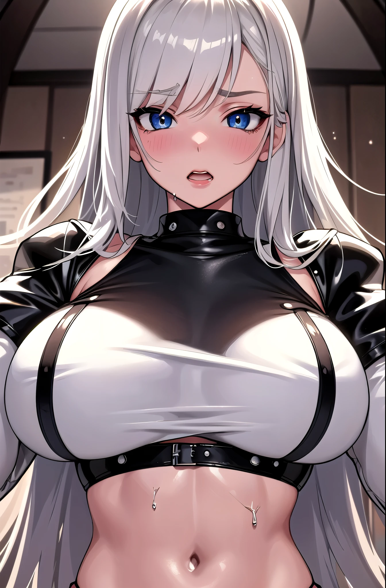 (masterpiece,highest quality, detailed), (Beautiful and beautiful eyes: 1.2), (overhead), Beautiful Face, One girl,White crop top, leather shorts, oversized leather jacket, Upper Body, Abdominal muscles,Sweat, Ahegao, Roll your eyes, blush, Drooling,body fluid,indoor, night,