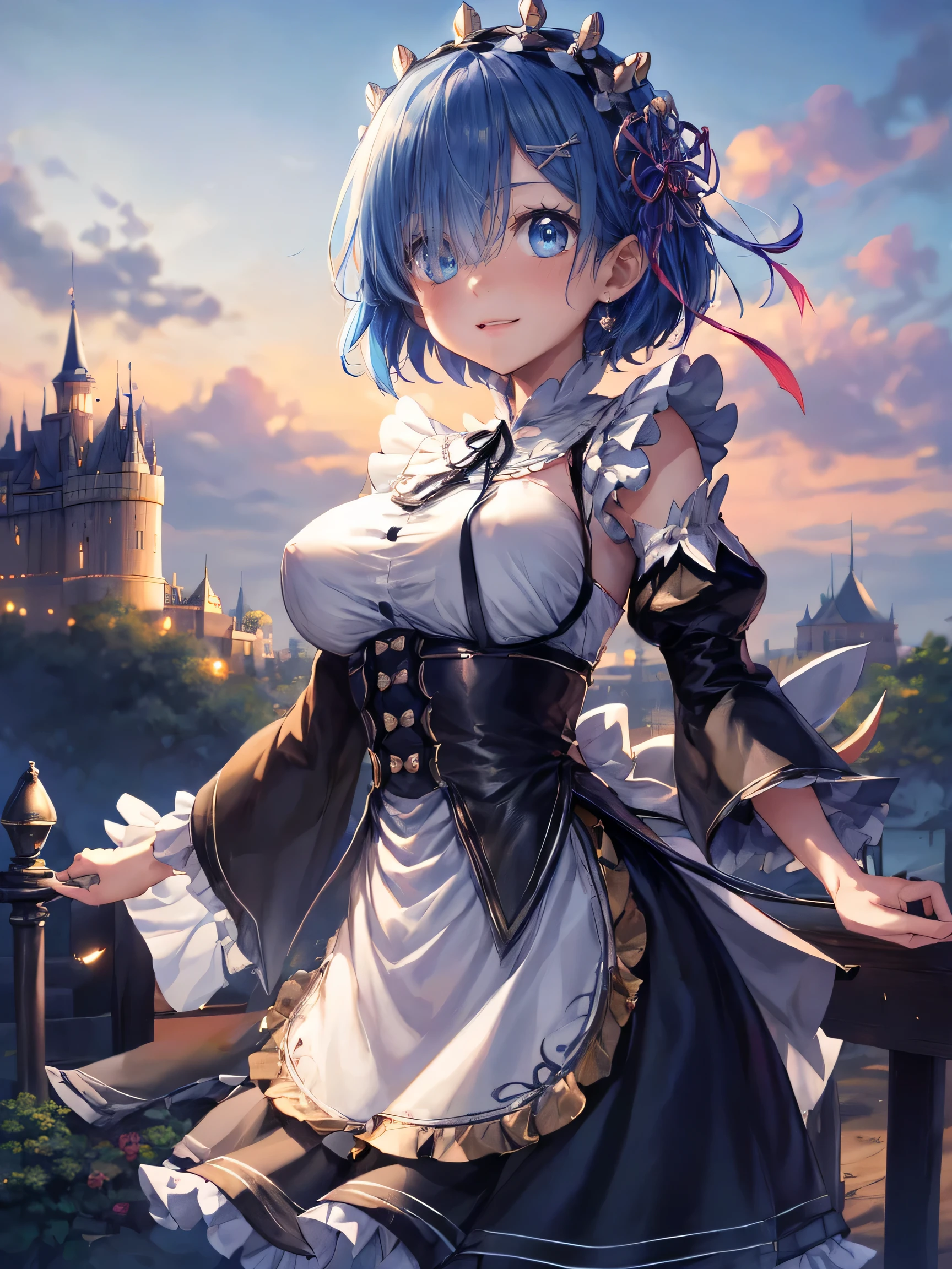 Ultra HD、(masterpiece)、[3Dimage:1.15],Attractive eyes、Your smile is so cute、[[Detailed eyes、Colorful eyes、Shining Eyes:1.15]]、Blue Hair、skirt,Best Anime 4K Konachan Wallpaper, Anime Style 4k,Anime Moe Art Style、Cowboy Shot,8Ｋimage、(highest quality:1.2)、(Facial details:1.2)、masterpiece、Ultra-precision、Best image quality, blush, highest quality, Perfect lighting, One Girl, skirt, Middle Breath、、large breasts with good shape、((The right eye is hidden by hair))、Inside the castle