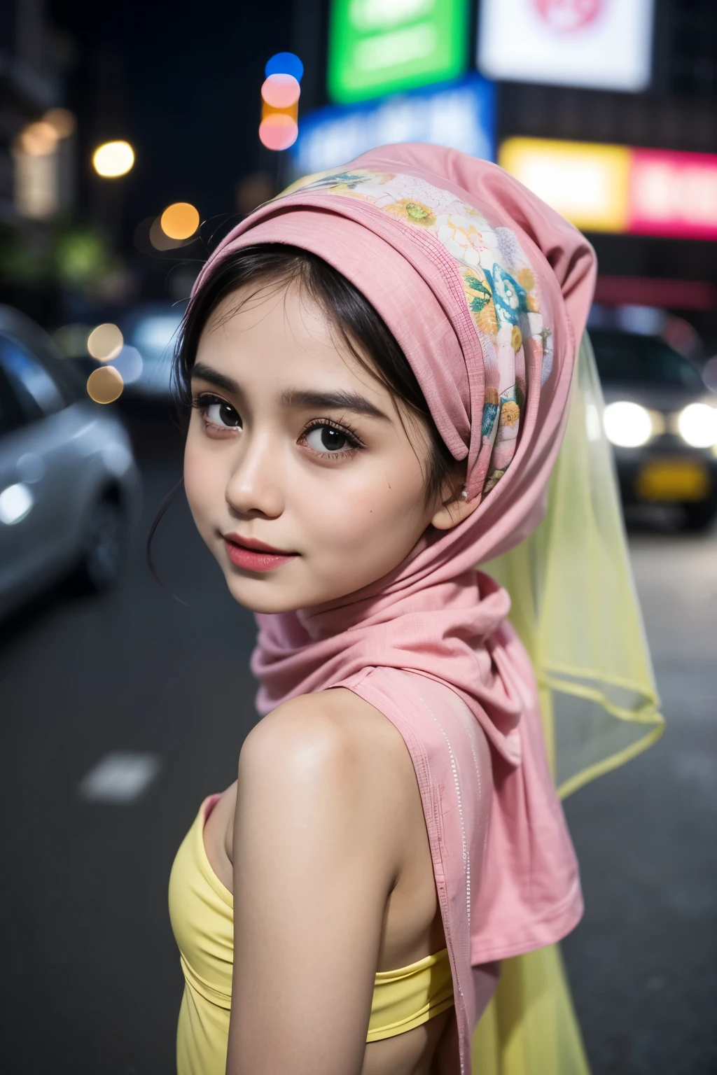 (Wearing strapless Colourful bra), (floral pattern), Tiny (((HIJAB MALAY GIRL))), masutepiece, High quality, UHD 32K, Realistic face, Realistic skin feeling , A Malay Lady, 8 years old, , Very cute and baby-like face, (((FLAT CHEST))), (MATRIX WORLD), ((look In front  at the camera and SADNESS)), ((())), (((CUTE GIRL))),  ((Pink Red)), ((CHUBBY)), (undress), (Green & Yellow), work in street night , (view from behind up), Transparency