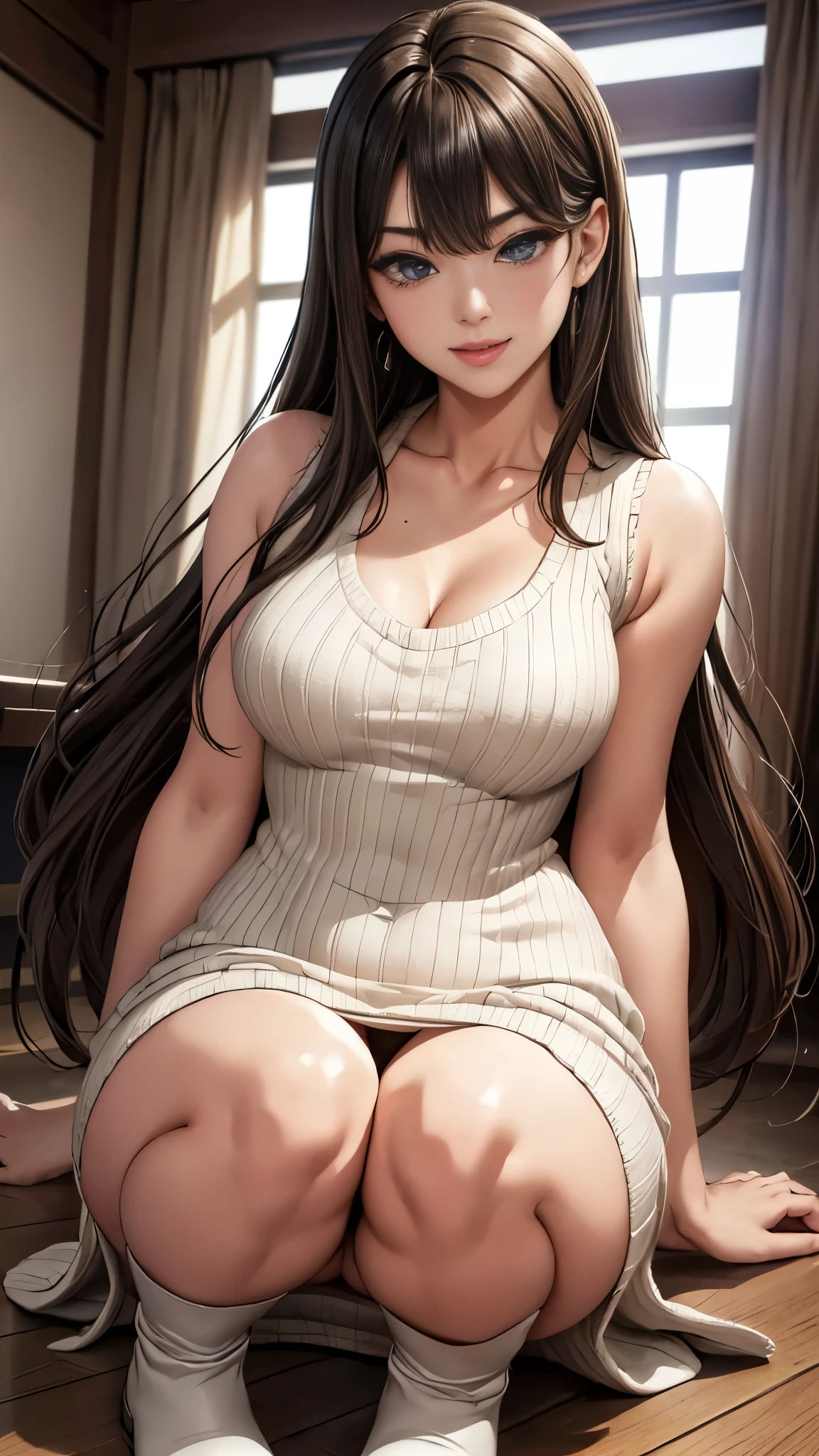 (8k, 超high resolution, best quality, Fragments flying:1.2),(26 years old:1.2)、(A bright smile)、(look away)、8k、Japanese girl original portrait、超high resolution、best quality、 (Small Breasts:1.5),(Sleeveless knitted dress:1.5)、(From below:1.2)、Walk、Support your chest with your hands、(panty shot:1.2)、(City:1.4) Blake (Natural skin texture、delicate skin、Surrealism、Super sharp)、Intricate details、Written border depth、idol sculpture、Actress model pose、 Miss、、Black long hair、Rear view、Beautiful ass、Star film、best quality、high resolution))、(1 girl)、(Practical:1.4)、Solitary、shut your mouth、a happy expression、Smile happily、beautiful brunette、big eyes、Transparent double eyelids、eyelash、stick out ears、long neck、Absolute area、Beautiful clavicle、Perfect face、Bangs、きれいなBangs、Thin lips、White skin、Small face、The face has become smaller、Draw all the heads、Look slightly upwards at the camera、(Look at the audience、eyes highlights、Light brown eyes、Lip gloss chest bulge、squat、White boots、