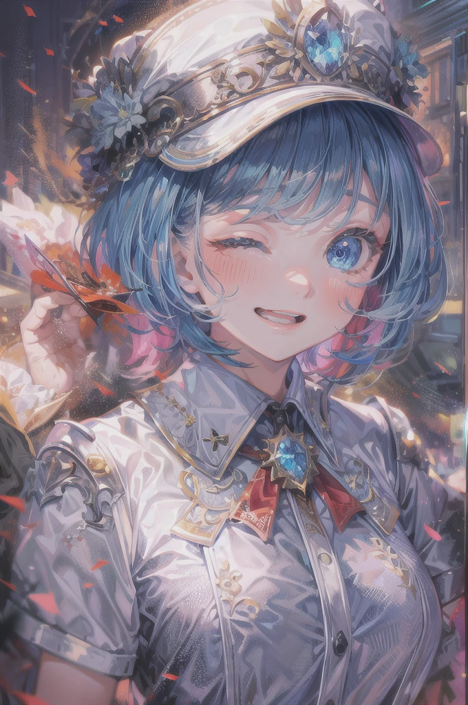 full body,Masterpiece, best quality, high quality, very detailed CG uniform 8k wallpaper, 1girl, solo, blue hair, tattoo, short hair, hat, jewelry, smile, necklace, looking at the audience, hat, realistic, open mouth, teeth, upper body, vest, nose, bare shoulders, artist name, black tiara, collarbone, arm tattoo, blue eyes, lips, blur, oil painting, award winning photography, bokeh, depth of field, HDR, bloom, chromatic aberration, realism, very detailed, artstation Intricate, High Detail, dramatic, art by midjourney