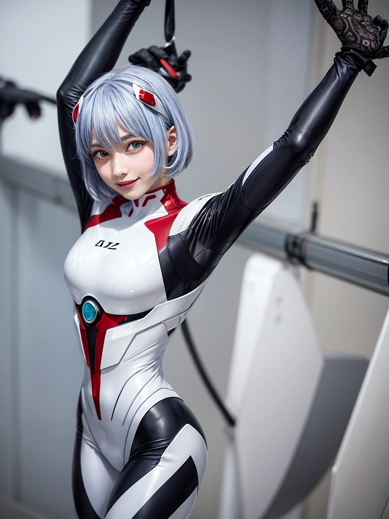 Masterpiece, highest quality, 8K, detailed skin texture, fine cloth texture, beautiful detailed face, intricate details, super detailed, portrait of Rei Ayanami, blue hair, red eyes, looking far away, no background, Evangelion Wearing a plug suit when riding, plug suit, whole body visible, standing, arms crossed, 15 years old, beautiful, cute, great style, smiling,composition that shows the whole body,