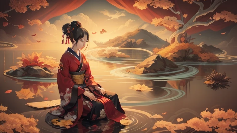 Close-up of a woman in a red kimono sitting on the water, The art of Japan style, inspired by Itō Shinsui, The art of Japan on behance, Japanese painting, In the Ukiyo-e art style, Japanese illustration, Japanese illustrationレーター, Inspired by Xiao Long Chen, The art of Japan, traditional The art of Japan