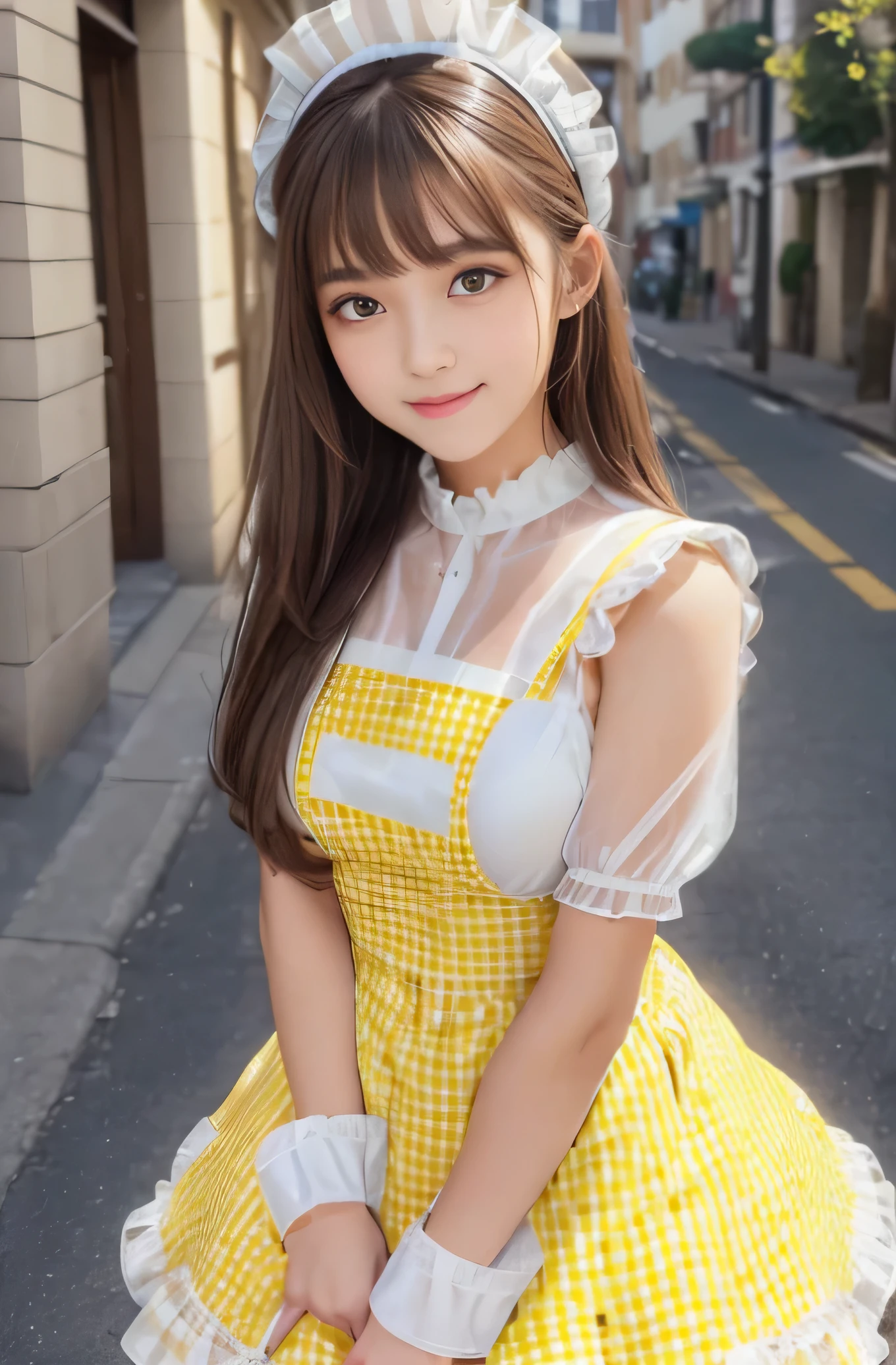 A young girl,Wearing a yellow dress,On the side of the road