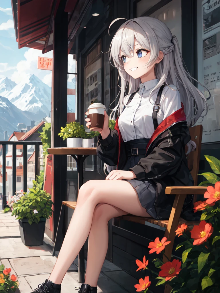 (looking away:1.2),(masterpiece:1.2), (best quality),(ultra detailed),(extremely detailed),(absolutely resolution) ,absurdres,8k, 1girl-drinking-hot-coffee, cafe, city, sitting-on-the-chair, grin, cake, mountain, flowers-pods, windy,
BREAK, ultra detailed eyes, long hair, messy hair, (gradation hair:1.2),