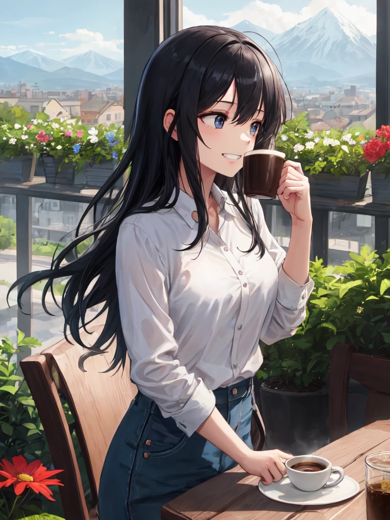 (looking away:1.2),(masterpiece:1.2), (best quality),(ultra detailed),(extremely detailed),(absolutely resolution) ,absurdres,8k, 1girl-drinking-hot-coffee, cafe, city, sitting-on-the-chair, grin, cake, mountain, flowers-pods, windy,
BREAK, ultra detailed eyes, long hair, messy hair, (gradation hair:1.2),