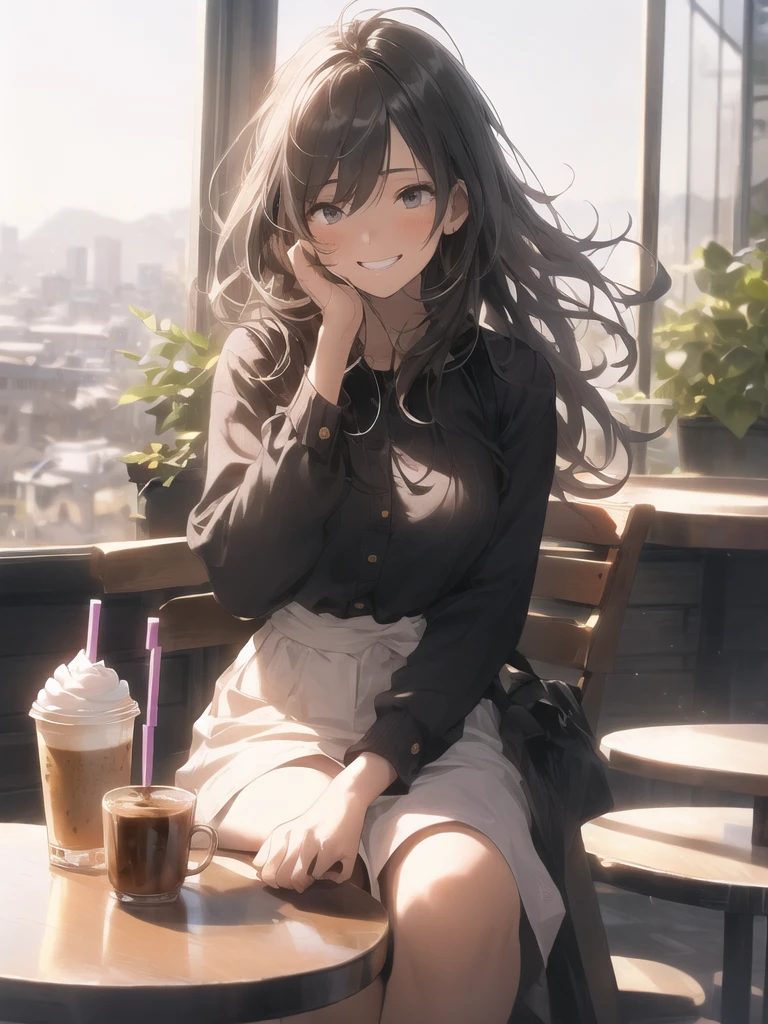 (looking away:1.2),(masterpiece:1.2), (best quality),(ultra detailed),(extremely detailed),(absolutely resolution) ,absurdres,8k, 1girl-drinking-hot-coffee, cafe, city, sitting-on-the-chair, grin, cake, mountain, flowers-pods, windy, 
BREAK,  ultra detailed eyes, long hair, messy hair, (gradation hair:1.2),