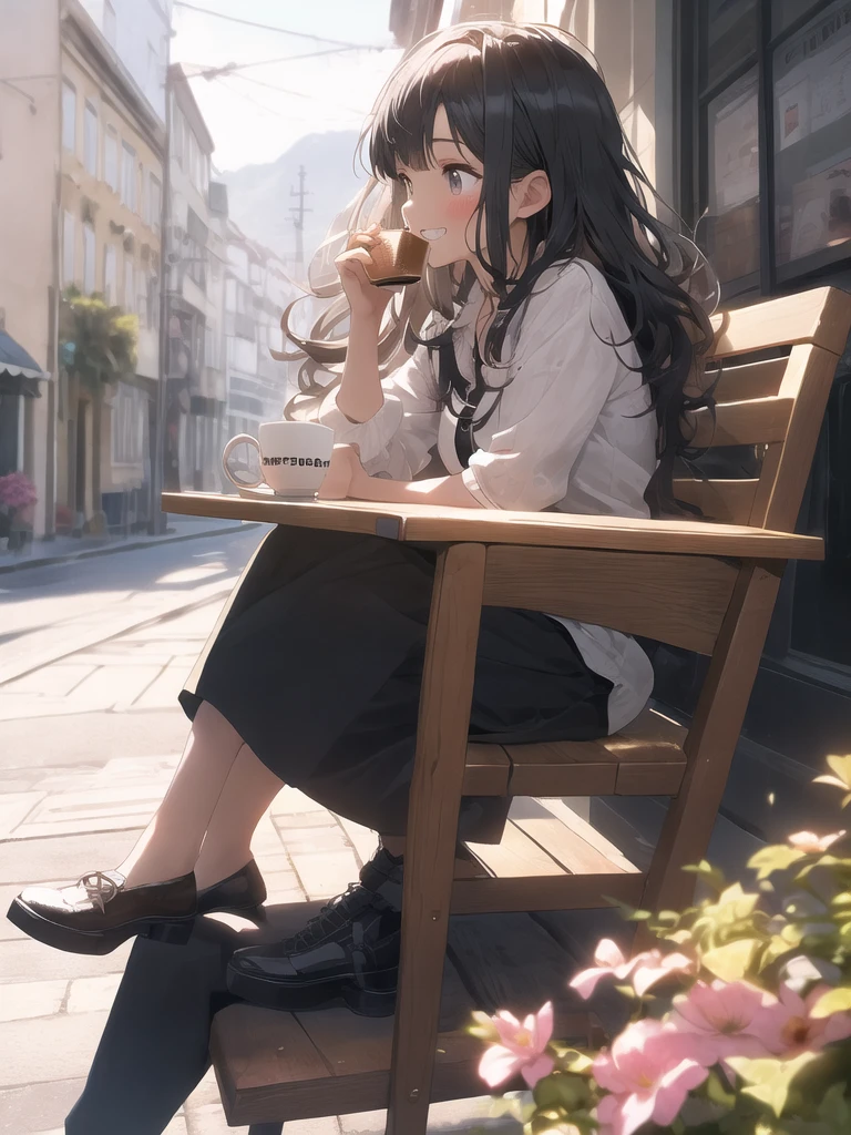 (looking away:1.2),(masterpiece:1.2), (best quality),(ultra detailed),(extremely detailed),(absolutely resolution) ,absurdres,8k, 1girl-drinking-hot-coffee, cafe, city, sitting-on-the-chair, grin, cake, mountain, flowers-pods, windy,
BREAK, ultra detailed eyes, long hair, messy hair, (gradation hair:1.2),