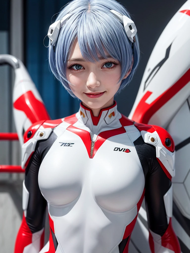 Masterpiece, highest quality, 8K, detailed skin texture, fine cloth texture, beautiful detailed face, intricate details, super detailed, portrait of Rei Ayanami, blue hair, red eyes, looking far away, no background, Evangelion Wearing a plug suit when riding, plug suit, whole body visible, standing, arms crossed, 15 years old, beautiful, cute, great style, smiling,composition that shows the whole body,