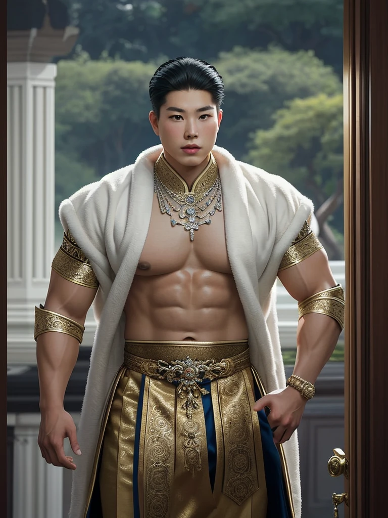 Epic CG masterpiece, super detailed, realistic, 8k, ultra HD, Emperor of the Tang Dynasty of China,author：Guopei martial arts,super Handsome, manly, 20 years old , muscular, cool tattoo, big chest abs, The greatest manhood, Straight crown, Golden robes, palace background, Tang dynasty, royal, dynamicposes, Stunning colors, 3D rendering of, surrealism, Cinematic lighting effects, Realism, 00 Renderer, Super realistic,naked body, big long detailed dick and ball, dick in correct shape, 