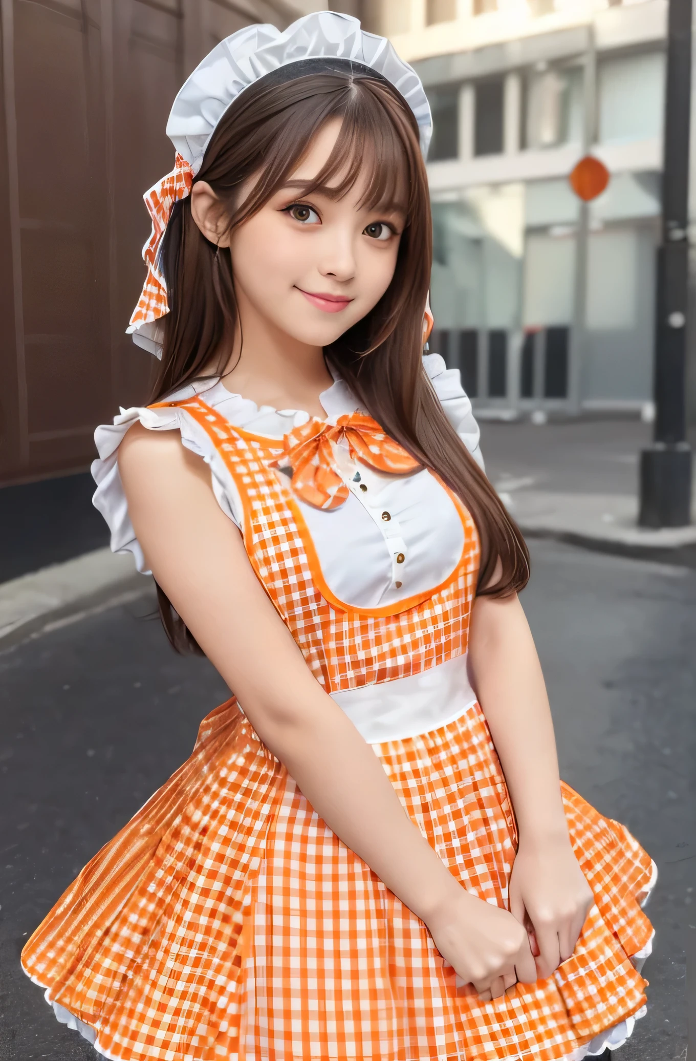 Angelic Very beautiful cute girl,,
Beautiful detailed eyes,
Detailed double eyelids,
(Large eyes:1.4),
Long straight brown hair,
see-through bangs,
Sharp Focus,small straight nose,
beautiful detailed face and eyes,
drooping eyes,
(Soft Saturation: 1.3), (Fair skin: 1.2),BREAK (orange gingham maid costume :1.5),
(costume with strong reflective surfaces:1.5), Walking,
Costume lighting,
In the street ,
(Brown hair:1.3),(ginghham Maid costume:1.5), (smile:1.4),(slender:1.2)