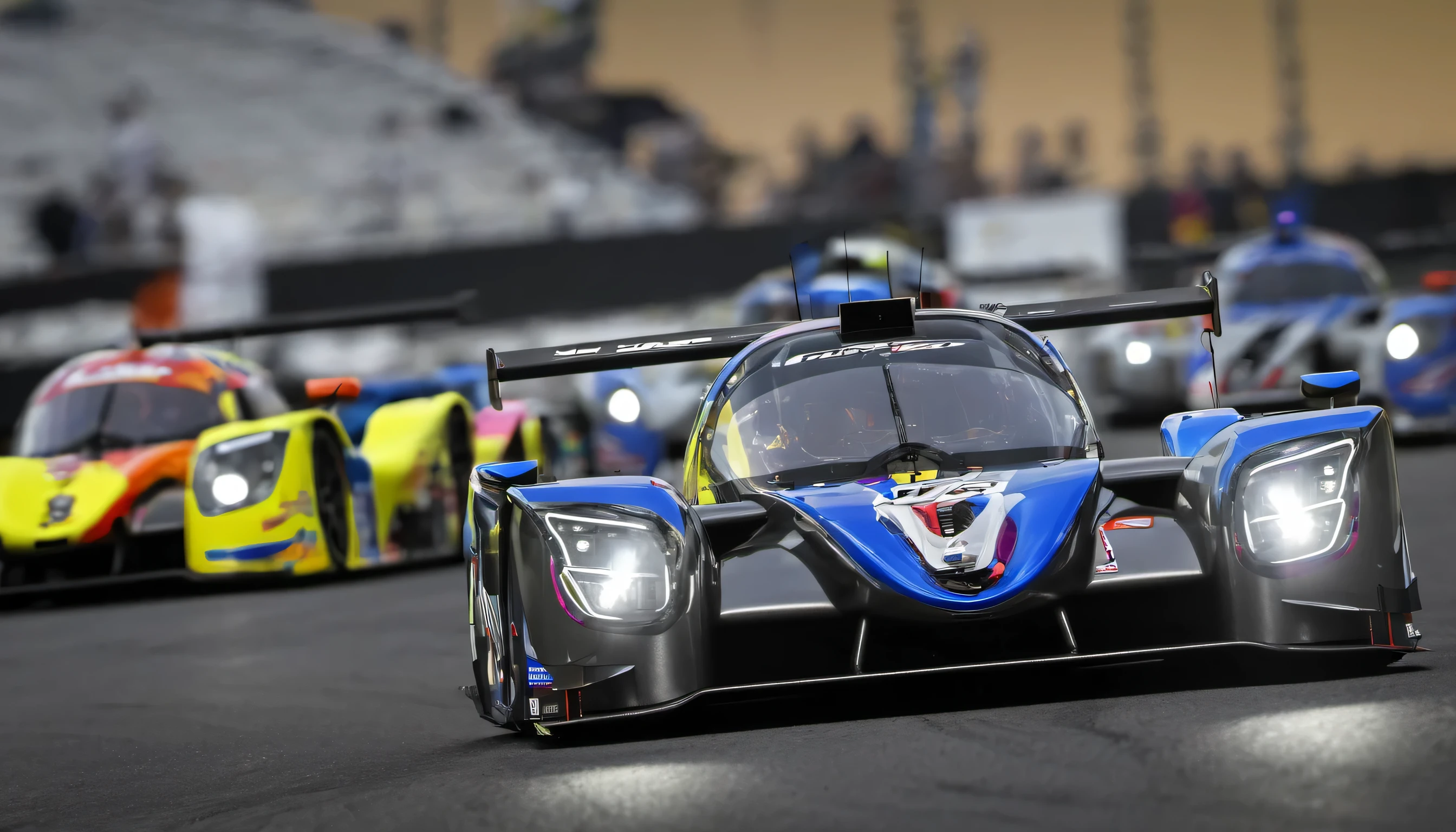 (masterpiece, best quality:1.2), lmp3, le mans, grand stands, far shot, 4k, UHD, award winning, super quality, highly detailed