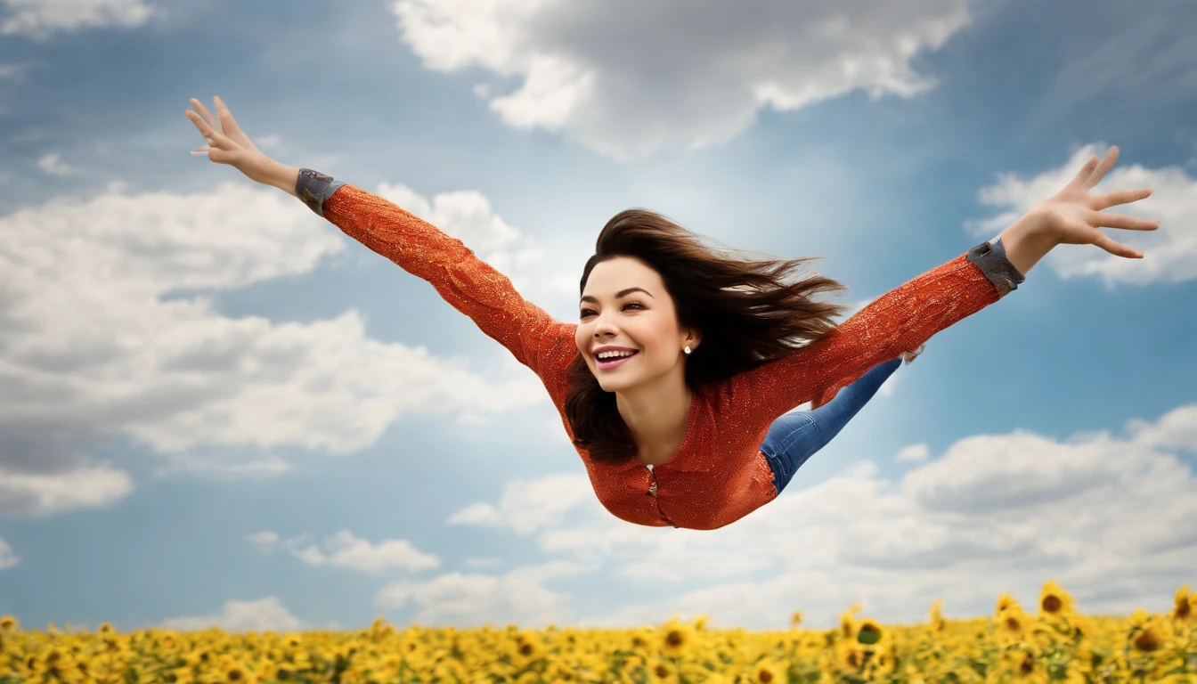 Miranda Cosgrove flying happily and gracefully in the sky
