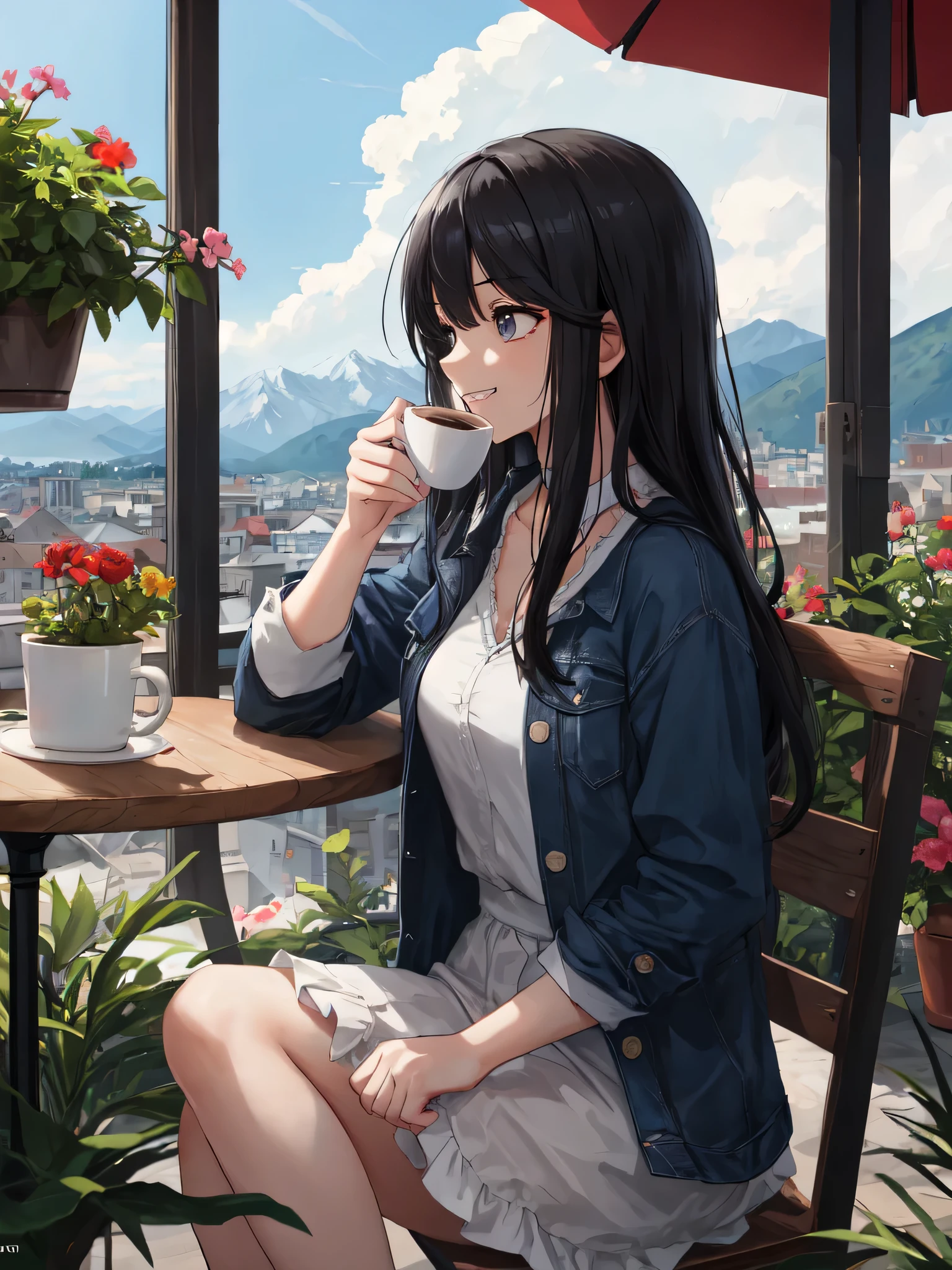 (looking away:1.2),(masterpiece:1.2), (best quality),(ultra detailed),(extremely detailed),(absolutely resolution) ,absurdres,8k, 1girl-drinking-hot-coffee, cafe, city, sitting-on-the-chair, grin, cake, mountain, flowers-pods, windy,
BREAK, ultra detailed eyes, long hair, messy hair, (gradation hair:1.2),