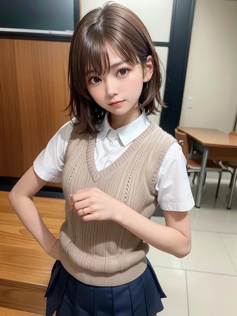 Masterpiece, Top Quality, Top Mikoto, brown eyes, short hair, small breasts, looking at viewer, alone, closed mouth, collared shirt, beige knit vest, dark blue  Skirt, school_uniform, shirt, white_shirt, classroom,Masterpiece, highest quality, 8K, detailed skin texture, fine cloth texture, beautiful detailed face, intricate details, super detailed,cute,cute posing,composition that shows the whole body,