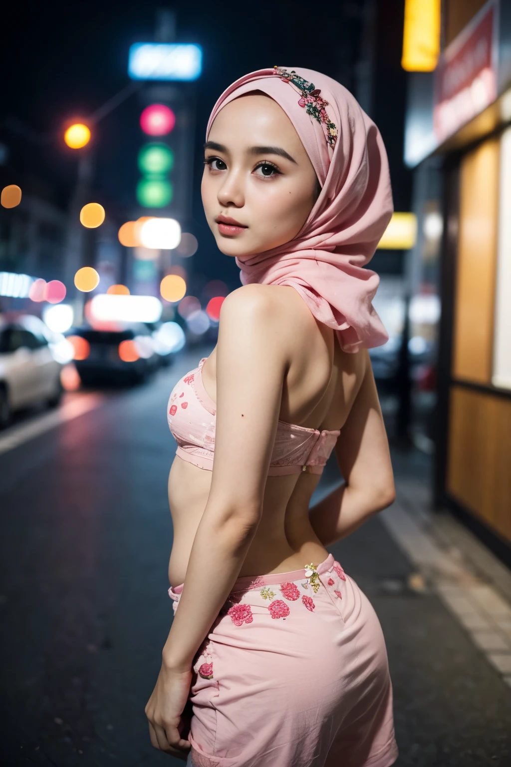 strapless Colourful bra, (floral pattern), Tiny (Wearing Lingerie Suspender), (((HIJAB MALAY GIRL))), masutepiece, High quality, UHD 32K, Realistic face, Realistic skin feeling , A Malay Lady, , , Very cute and baby-like face, (((FLAT CHEST))), (MATRIX WORLD), ((look In front  at the camera and SADNESS)), ((())), (((CUTE GIRL))),  ((Pink Red)), ((CHUBBY)), (undress), (Green & Yellow), work in street night , (view from behind up), Transparency, BOKEH