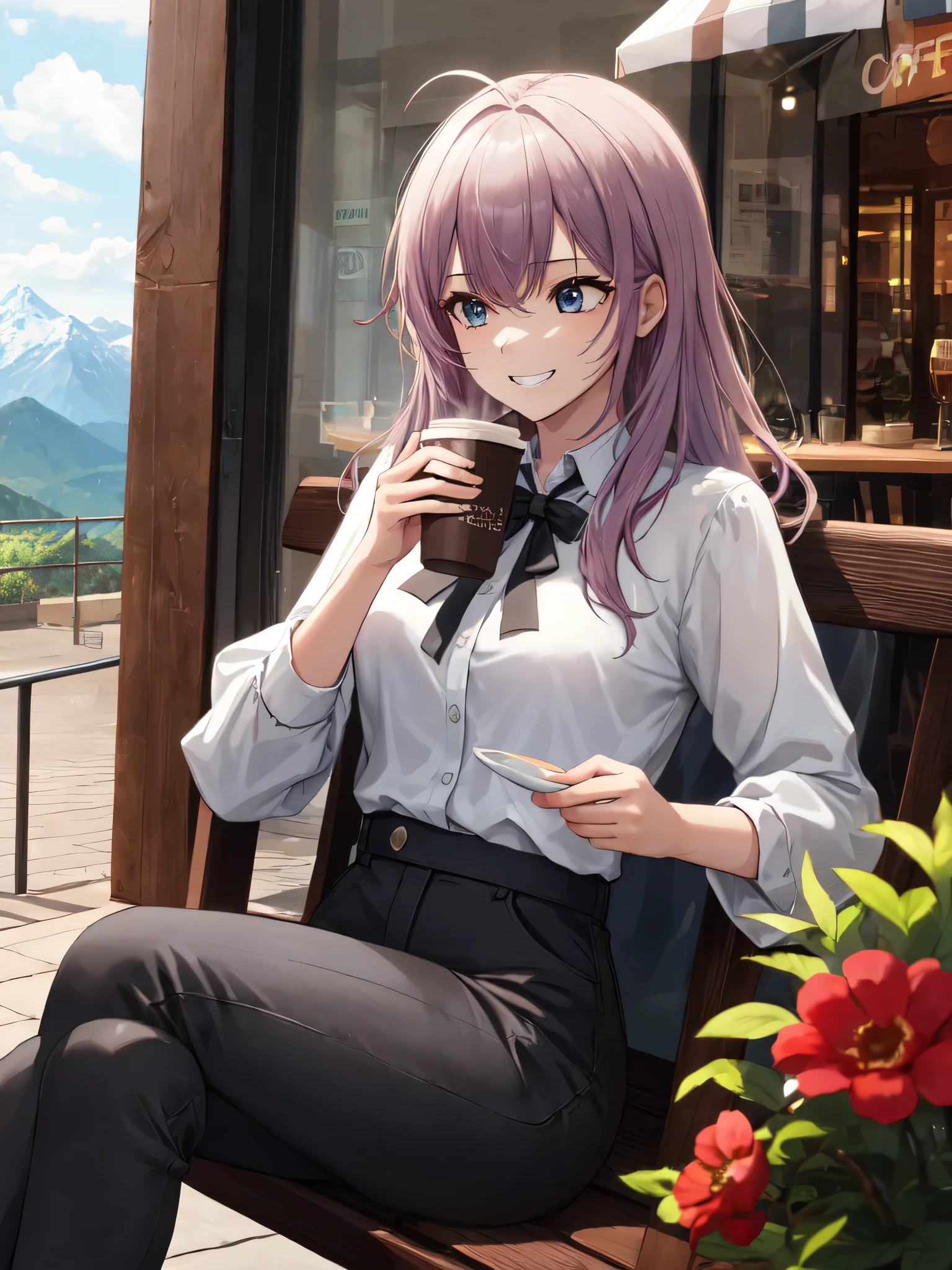 (looking away:1.2),(masterpiece:1.2), (best quality),(ultra detailed),(extremely detailed),(absolutely resolution) ,absurdres,8k, 1girl-drinking-hot-coffee, cafe, city, sitting-on-the-chair, grin, cake, mountain, flowers-pods, windy, 
BREAK,  ultra detailed eyes, long hair, messy hair, (gradation hair:1.2),