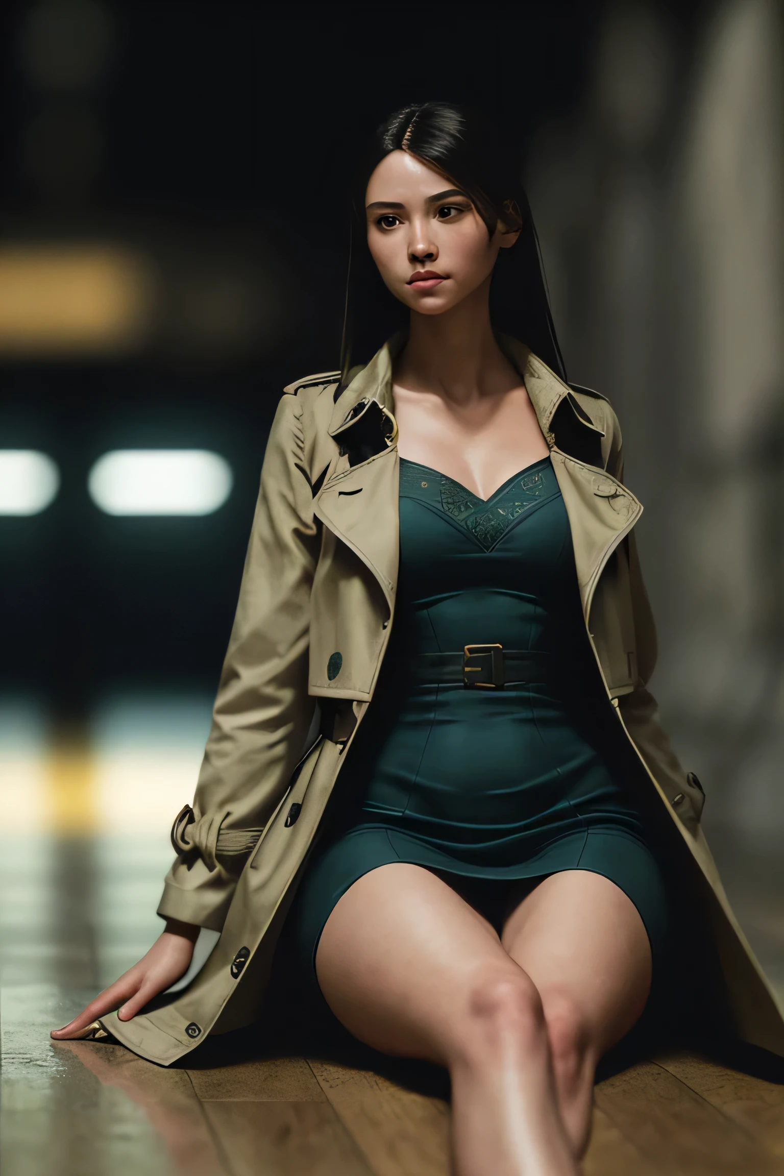 (masterpiece), (extremely intricate:1.3), (realistic), a girl, (future nostalgia), (dynamic perspective), dynamic angle, the most beautiful in the world, (slouching on the floor), trench coat, camisole dress, smirk, tunnel, professional photograph of a stunning woman detailed, sharp focus, dramatic, award winning, cinematic lighting, octane render unreal engine, volumetrics dtx, (film grain, blurry background, blurry foreground, bokeh, depth of field)