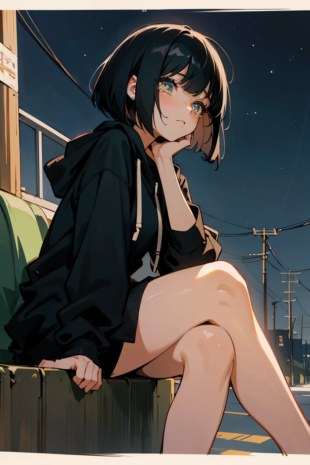 A girl drawn in old anime style is sitting on the road. that girl has black hair, bob haircut. The girl is wearing a black hoodie.Dark night sky,The girl is crying