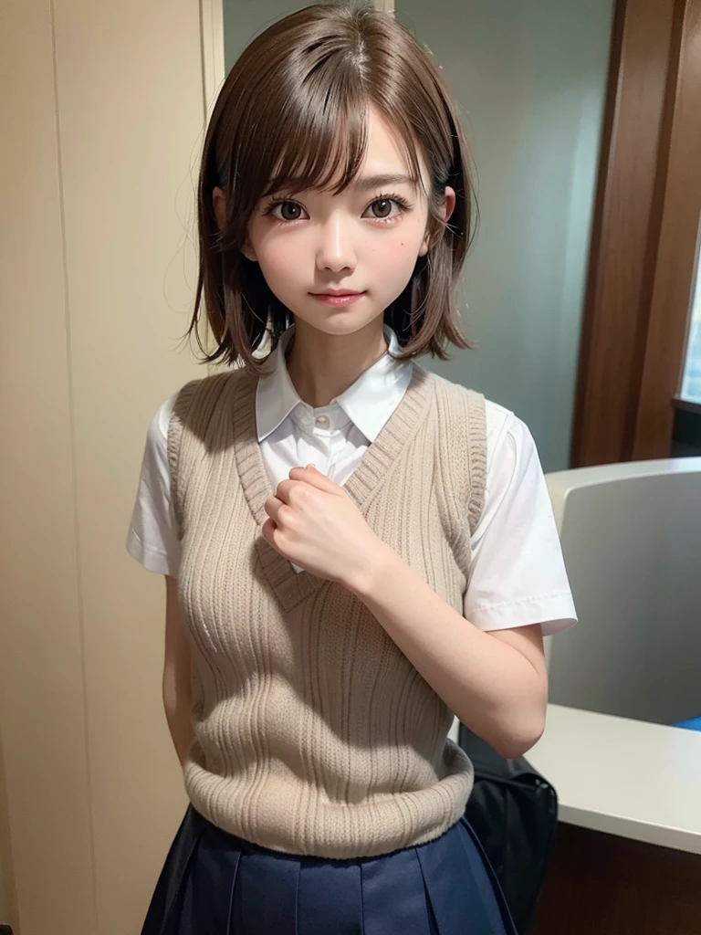 Masterpiece, Top Quality, Top Mikoto, brown eyes, short hair, small breasts, looking at viewer, alone, closed mouth, collared shirt, beige knit vest, dark blue  Skirt, school_uniform, shirt, white_shirt, classroom,Masterpiece, highest quality, 8K, detailed skin texture, fine cloth texture, beautiful detailed face, intricate details, super detailed,cute,cute posing,composition that shows the whole body,