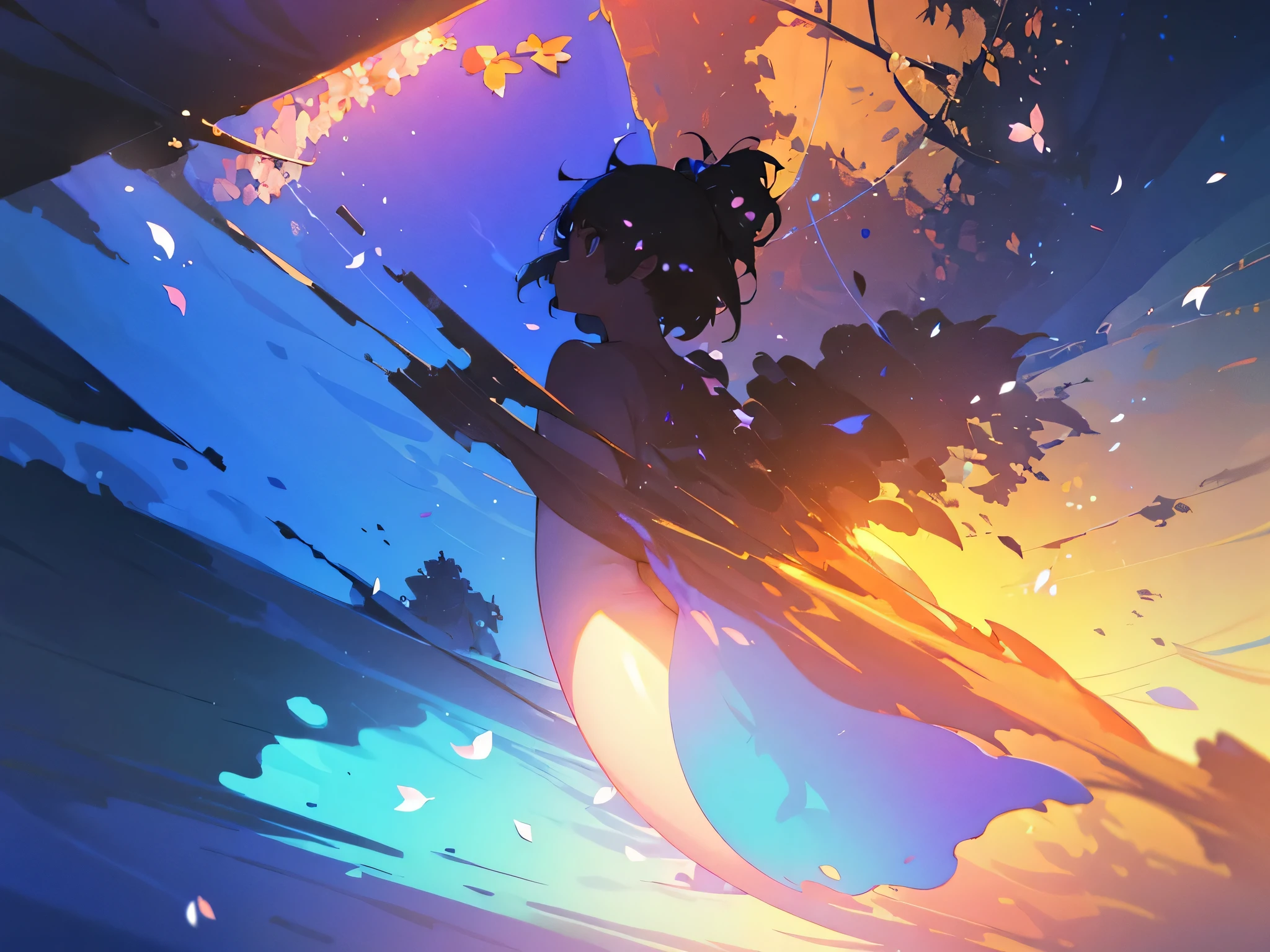 masterpiece, highest quality, (Highly detailed CG Unity 8k wallpaper) (highest quality), (Best illustrations), (Best Shadow) nature&#39, blue sea,delicate leaver.々Light tracking of colorful petals falling into the air, Super detailed 