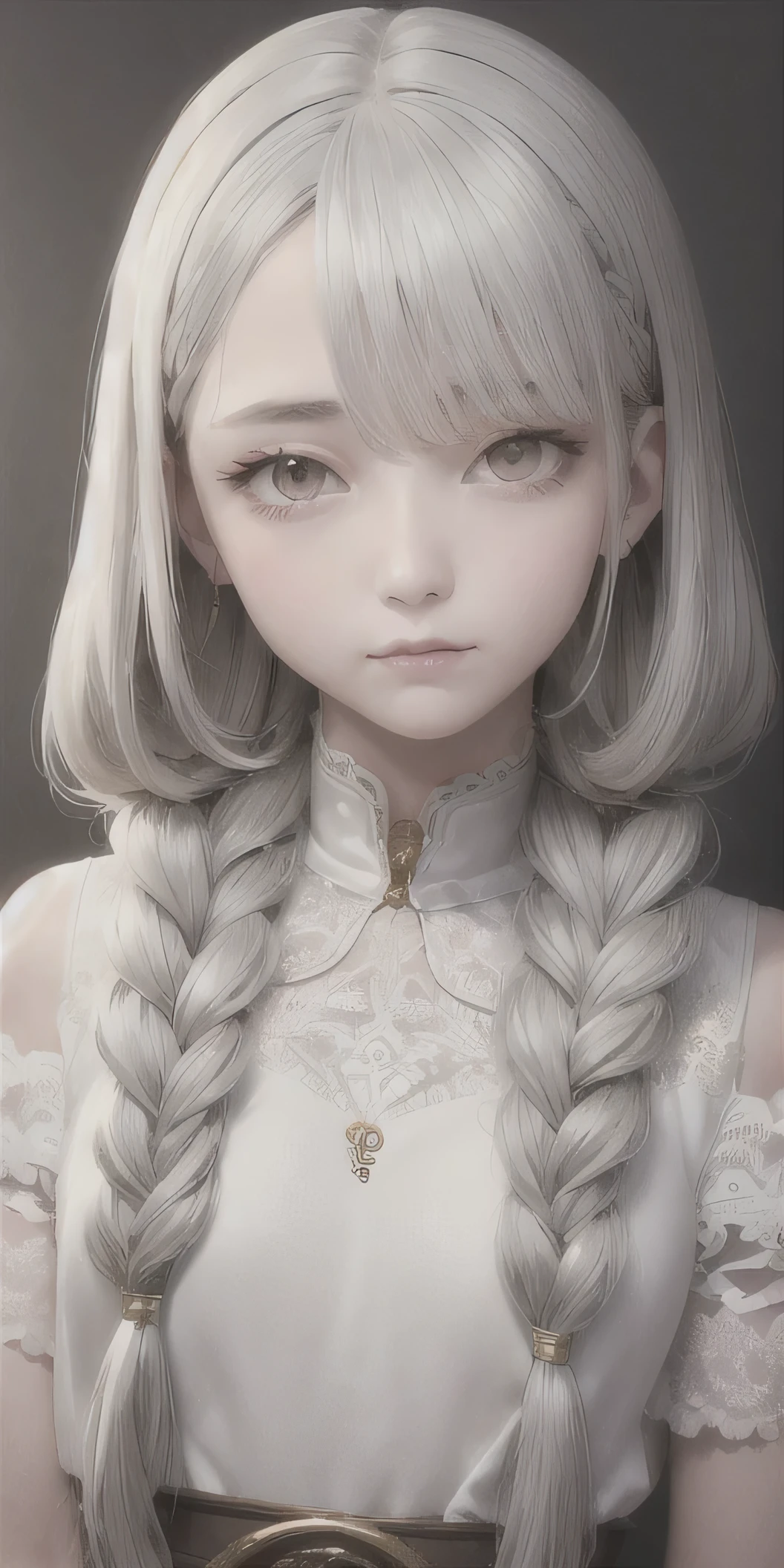 highest quality, masterpiece,Gray Hair, Golden Eyes,White clothes, look up, Upper Body,hair,Fair skin,Side braid