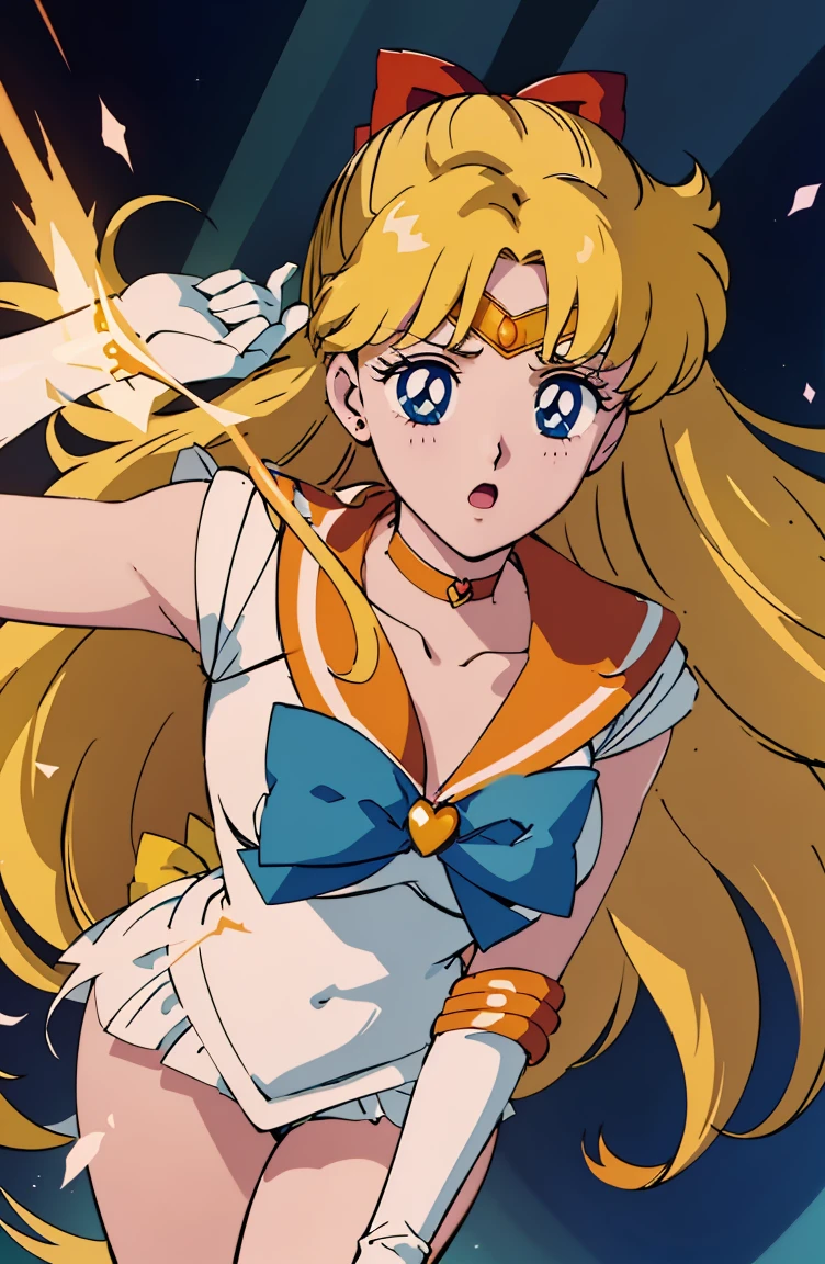 (highest quality,4K,8k,High resolution,masterpiece:1.2),Very detailed,(Realistic,photoRealistic,photo-Realistic:1.37),((Glowing heart shape)),((Glowing Heart Beam)),((Glowing heart light)),Close look, Dynamic pose, Vibrant colors, Flowing Hair, Intense expression, (((Sailor Venus))), powerful energy, Glowing particles, Magical Aura, Intense rays, dramatic background, Dynamic configuration, Shining Sparkle,Vivid visual storytelling, Anime Style, Vivid and saturated colors, Striking contrast, Mysterious atmosphere, Celestial Energy, Captivating beauty, A sense of confidence and authority, Captivating and immersive artwork, Breathtaking and awe-inspiring,


break,

Beautiful woman,((whole body shot)), Very bright and luminous design, pastel colour, Autumn Light, ultra-Realistic skin texture, ultra-Realistic eyes glow, ultra-Realistic hair texture((Beautiful tiara)),((Venus Shoes)),((Venus Gloves)),(Venus Choker),((Sailor Venusの制服))),

break, 

(((Shoulder-length blonde hair with a red ribbon))),blue eyes,whole body,aino minako,(((18 year old anime girl))).