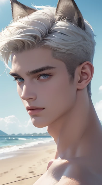 4k, high resolution, best quality, masterpiece, perfect color, perfect shade, perfect lighting, Posted by e621, ((portrait)), ((handsome man)), perfect male figure, Short hair details，Naked torso，Detailed face, perfect face, (stood up), Detailed background, ((Bonifasco Lighting)), (delicate eyes),(animal ears),white hair，((beach))