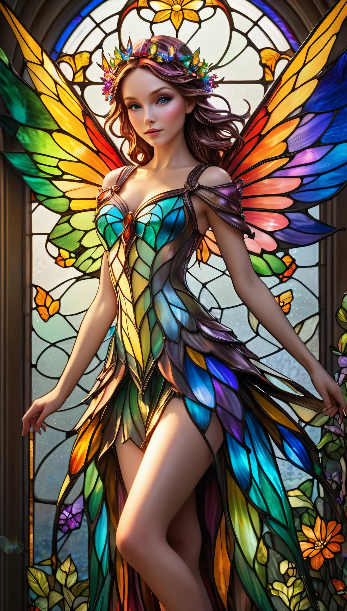 (best quality,4k,highres,masterpiece:1.2),ultra-detailed,realistic, vibrant colors, sharp focus, HDR, stained glass fairy, multicoloured wings, majestic, altar, colorful glow
