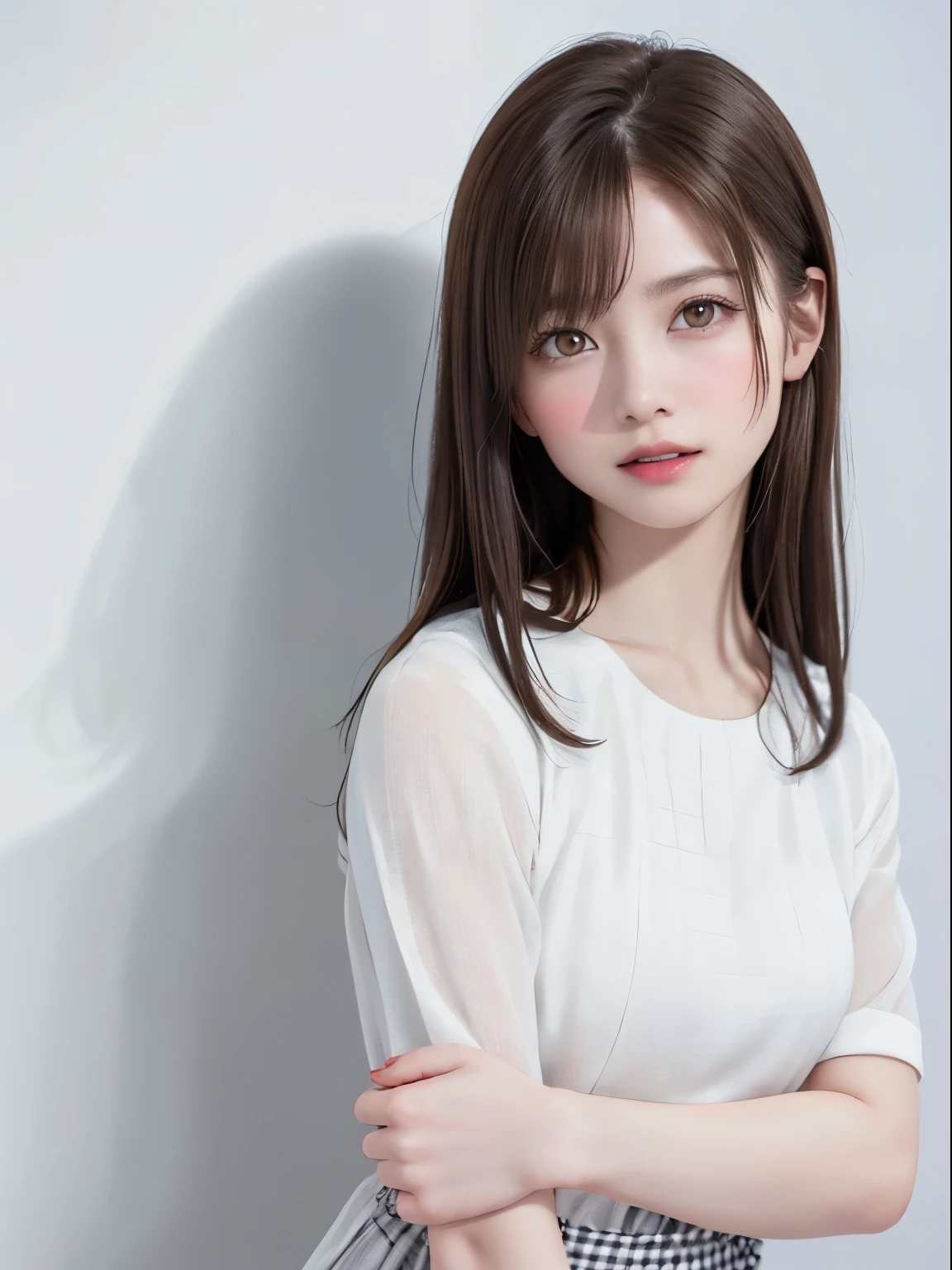 (highest quality、8k、32k、masterpiece、Hmph:1.2)、(Raw photo)、(Realisticな)、(Photorealistic:1.2)、(High resolution)、Ultra-detailed、Very beautiful face and eyes、One Girl、Round and small face、Big breasts and small waist、Delicate body、(Close-up、highest quality、Attention to detail、Rich skin detail、Hmph)、(highest quality、8k、Oil paint:1.2)、Very detailed、(Realistic、Realistic:1.37)、Vibrant colors、(((Blushing cheeks)))、(((Woman&#39;s face)))、(((Double Peace)))、(((Light brown hair)))、(((Fold your arms in front of your chest)))、(((LOL)))、(((Teeth are visible)))、(((full body shot)))、(((White background)))、((lob hair))、(((Pure white wall background)))、(((She is wearing a white and grey checked dress.)))、(((Pure white wall background)))、(((Model pose)))