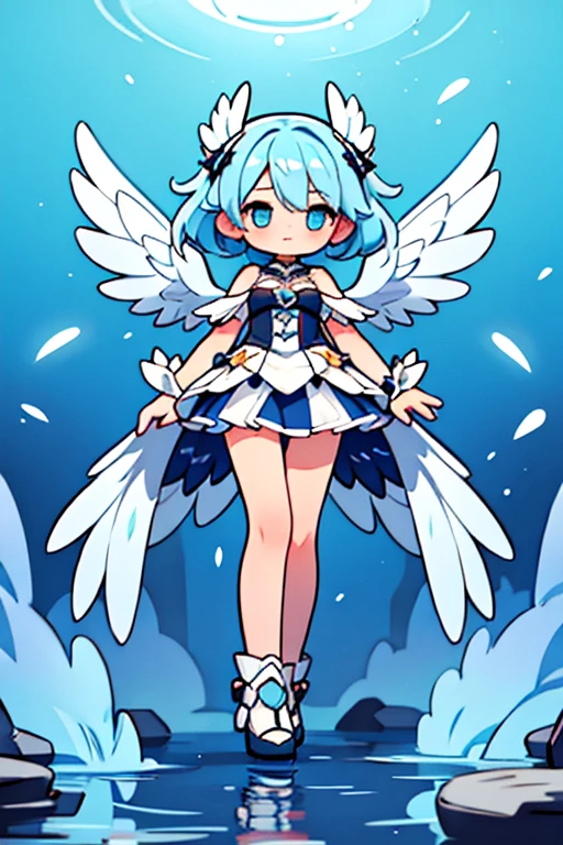 high resolution, best quality, masterpiece, Ultra HD, Ultra HD, illustration, Solitary,Flaving his wings, Her hair is swaying, whole body, Perfect proportion, Shiny light blue hair, 、Bright silver eyes, Happy, Shy