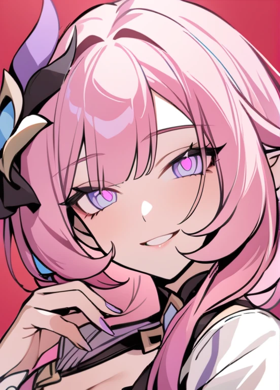 masterpiece, best quality, 1girl, solo, looking at viewer, bangs, elysia, honkai impact, pink hair, pink eyes, long hair, nail polish, hair ornament, hand up, flower, blunt bangs, tassel, portrait, colorful, red background, frills, multicolored hair, upper body, fingernails, smile