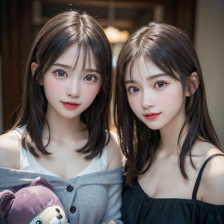 ((Two  girls:1.3)), (Ultra Realistic, High resolution), (Highly detailed eyes, Highly detailed hair, Highly detailed face, Highly detailed plump lips), (off shoulder with open chest), chest, Upper Body, Search for Smile, (highest quality:1.4), Raw photo, (Realistic, photo-Realistic:1.37), Professional photography, Cinematic Light, (Detailed face: 1.2), (stuffed toy:1.2),