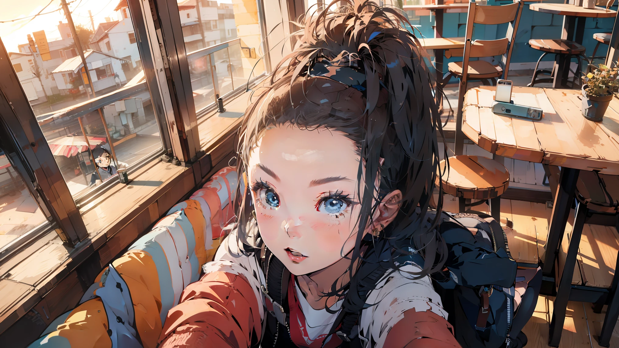 ((1WOMAN:1)),((TAKING-A-SELFIE:1)),((HIGH-ANGLE-VIEW:1.2)), IN A CAFE, ((AESTHETIC:1)), ((SHORT-PONYTAIL:1))