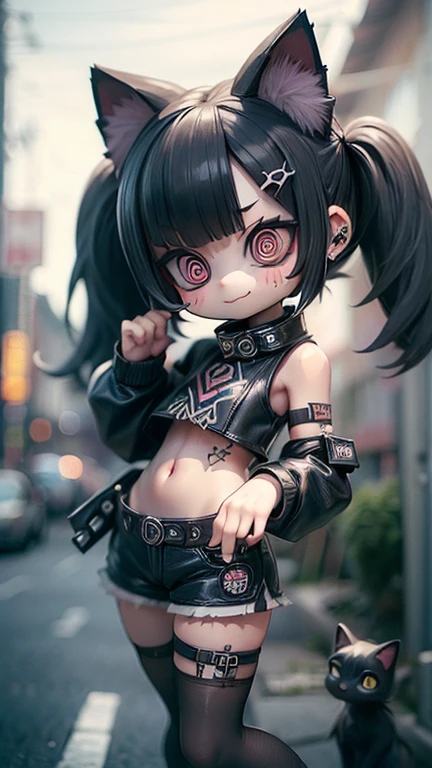 2D,#quality(8k,wallpaper of extremely detailed CG unit, ​masterpiece,hight resolution,top-quality,top-quality real texture skin,hyper realisitic,increase the resolution,RAW photos,best qualtiy,highly detailed,the wallpaper), BREAK,solo,#1girl(cute,kawaii,evil smile,hair floating,hair messy,black hair,long hair,twin tails hair,pale skin,skin color blue,eyes are red,red eyes shining,big eyes,ripped clothe:1.8,tight tube top,breast,tight hot pants,dynamic pose:2.0,stomach shown :0.8,punk fashion,black cat ear:1.4,dynamic pose:1.4),#background(outside,noisy city,backstreet,narrow street,dark:2.0,neon lights),[chibi:2.0],