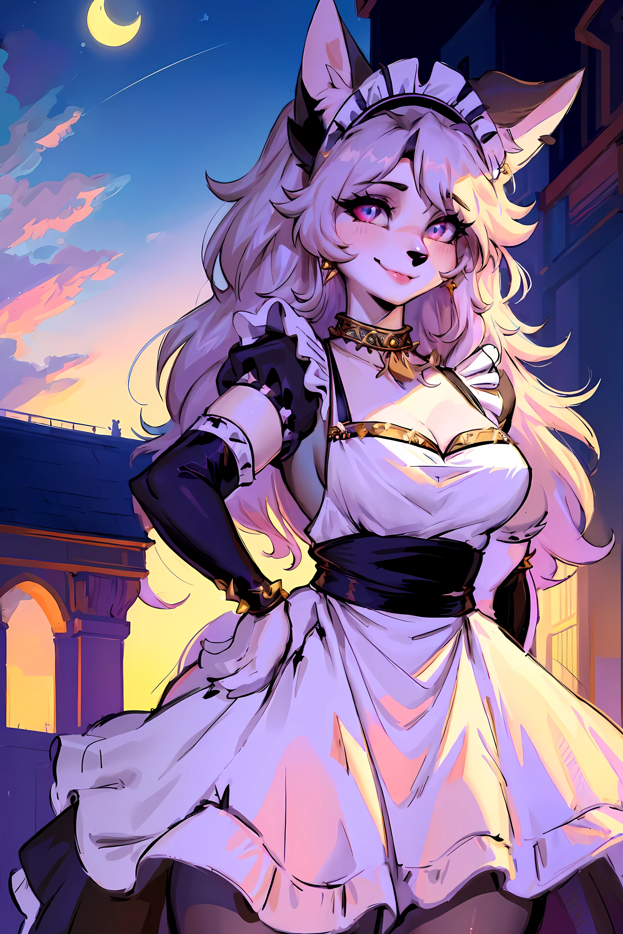 maid,(maid_dress:1.5),furry_girl,(dog_ears:1.2),Cute anime art style,Super detailed,Pink Eyes,hairy,dog girl,(fair/Exquisite eyes:1.1),Feminine face,Long eyelashes,(jewelry/Accessories:1.2),Well-proportioned body,Inspired by Luna,(Reasonable structure:1.1),(perfect Exquisite eyes:1.5),erect,Cat&#39;s Eye,Smile,(Wearing a lot of jewels:1.2),(Sexy body:1.2),thick_thighs,cute,charming smile,(Best quality,8K,high resolution,masterpiece:1.2),