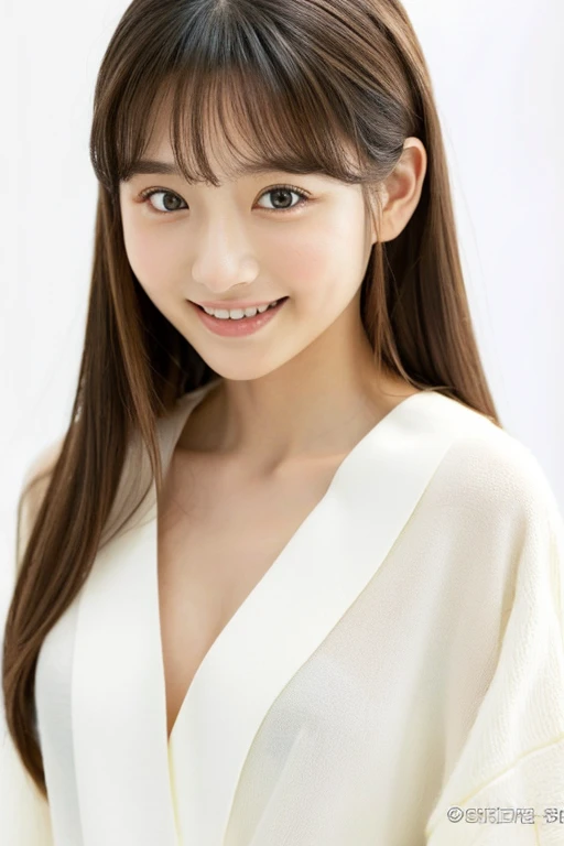(software:1.8、masterpiece, highest quality),1 girl, Looking at the audience, Light brown eyes, Highly detailed shiny hair, Long Hair:1.8、Beautiful face in symmetry、kimono:1.6, Whity, lips, bangs, Big eyes、eyelash、((Very simple bright white background:1.8))、(((Long neck、smile、)))、Ideal body type、Large chest 3, Cleavage:0、