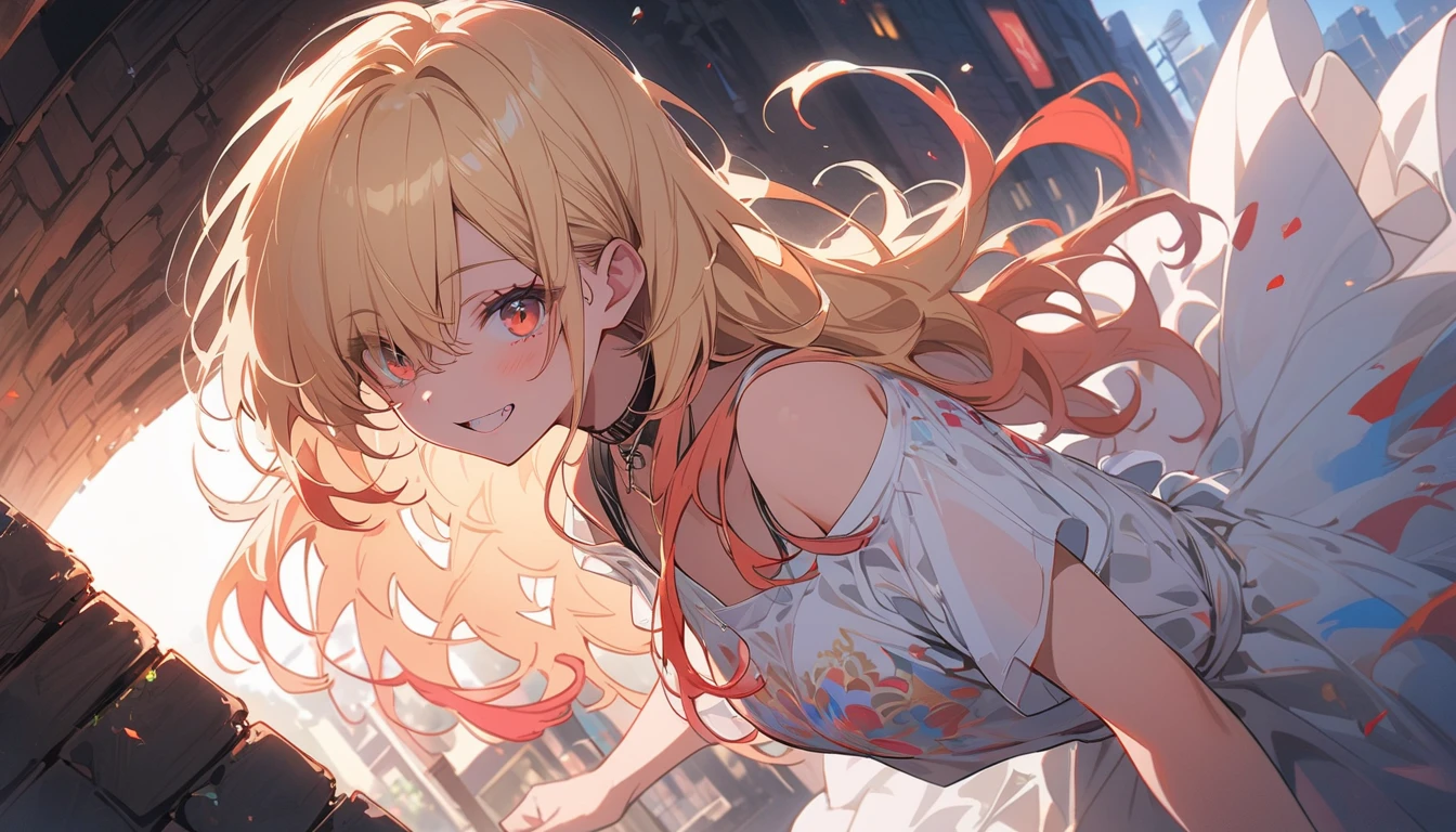 超8K masterpiece, ((非常にdetailedな背景, Delicate pattern, 複雑なdetailed)), highest quality, 複雑なdetaileds, chromatic aberration, One girl, Long Hair, Blonde, Messy Hair, Red highlights, Hair on one eye, Sharp eyes, choker, Brick wall, graffiti, Dim lighting, alley, Oversized shirt,Off the shoulder, Sheer white shirt, masterpiece, highest quality、(highest quality、masterpiece、High resolution、detailed)Anime Style、flat style、(Shining Eyes、detailed美しい顔), BREAK,Full Body、Dynamic Angles